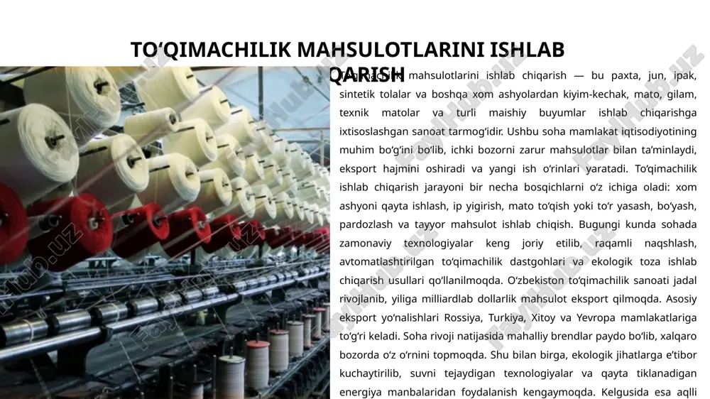 yaratiladi. bundan tashqari, ushbu soha boshqa tarmoqlar – qishloq xo‘jaligi, kimyo va dizayn sohalarining ham rivojlanishiga turtki beradi. shu sababli, to‘qimachilik sanoati iqtisodiy o‘sish, aholi bandligi va eksport salohiyatining oshishida asosiy omillardan biri hisoblanadi. asosiy xom ashyo turlari to‘qimachilik mahsulotlarini ishlab chiqarishda ishlatiladigan asosiy xom ashyolar turli tabiiy va sun’iy manbalardan olinadi. eng muhim xom ashyo bu paxta tolasi bo‘lib, u o‘zbekistonda keng yetishtiriladi va yuqori sifatli matolar tayyorlashda asosiy o‘rinni egallaydi. jun asosan qo‘y, echki va tuya kabi chorva hayvonlaridan olinadi hamda issiqlikni yaxshi saqlaydigan mahsulotlar ishlab chiqarishda ishlatiladi. ipak esa ipak qurti pilla tolalaridan olinib, nafis matolar, ko‘rkam kiyimlar va bezak buyumlari tayyorlashda qo‘llaniladi. zamonaviy sanoatda sintetik tolalar — poliefir, neylon, akril kabi kimyoviy yo‘l bilan yaratilgan tolalar ham keng ishlatiladi. ular mustahkam, chidamli va arzonligi bilan ajralib turadi. shu tarzda tabiiy va sintetik tolalarning uyg‘unligi to‘qimachilik mahsulotlarining sifati va xilma-xilligini oshiradi. ishlab chiqarish bosqichlari to‘qimachilik mahsulotlarini ishlab …