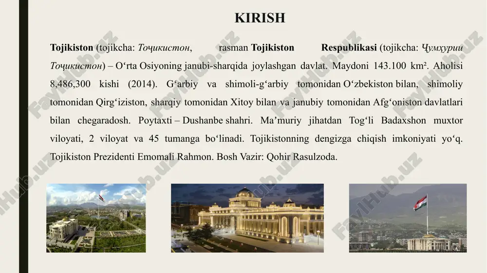 % 13,8 % ruslar 7,6 % 1,1 % 0,5 % tatarlar 1,4 % 0,3 % 0,1 % qirgʻizlar 1,3 % 1,1 % 0,8 % boshqa millatlar 3,9 % 2,3 % 2,1 % eksport va import – tojikiston (2008-yil ma’lumotlari) valyuta: 1 tojik rubli (1995–2000-yillardagi valyuta), hozirgi pul birligi – somoniy. eksport: 1,6 mlrd usd asosiy eksport qilinadigan mahsulotlar: alyuminiy paxta elektr energiyasi noyob metallar va toshlar rangli rudalar meva va sabzavot teri jun asosiy eksport bozorlar: niderlandlar – 36,7 % turkiya – 26,5 % rossiya – 8,6 % eron – 6,6 % xitoy – 5,7 % import: 3,7 mlrd usd asosiy import qilinadigan mahsulotlar: iste’mol mollari oziq-ovqat mahsulotlari transport vositalari asosiy import manbalari: rossiya – 32,3 % xitoy – 11,9 % qozog‘iston – 8,8 % o‘zbekiston – 4,7 % tojikistonning eksport va import ko‘rsatkichlari yil eksport (mlrd usd) eksport asosiy mahsulotlar eksport asosiy davlatlar import (mlrd usd) import asosiy mahsulotlar …