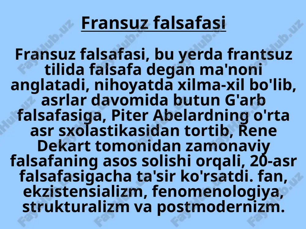 ga bo'linishi haqidagi fikri aqsh konstitutsiyasiga muvofiq hokimiyatlarning bo'linishi uchun asos bo'ldi. r. volter (1694-1778) cherkov aqidalari va frantsuz institutlarini tanqid qilish, fuqarolik erkinliklarini himoya qilish va ijtimoiy islohotlarni qo'llab-quvvatlashi bilan ma'rifatparvarlikni o'zida mujassam etgan. u kurashgan fuqarolik erkinliklari erkin sudlanish huquqi va din erkinligi edi. ladi. deni didro (1713-1784) entsiklopediyani yaratishda asosiy hamkorlik qilgan. san'at va fanga oid barcha ma'lumotlarning tizimli to'plami - entsiklopediya katta bahs-munozaralarga sabab bo'ldi. ir. jan-jak russo (1712-1778) o‘zining “san’at va fanlar to‘g‘risida munozara” asarida san’at va fan inson axloqini buzuvchi ekanligini e’lon qilishi bilan o‘zini ma’rifatparvarlik ilmining ilg‘or fanidan ajratib oldi.a. auguste comte (1798-1857) - monpelyeda tug'ilgan faylasuf. u sotsiologiya fanining va pozitivizm taʼlimotining asoschisi boʻlgan va bu atamaning zamonaviy maʼnosida fanning birinchi faylasufi sifatida qaralishi mumkin.[4] di. ferdinand de sossyur (1857-1913) shveytsariyalik tilshunos, uzoq yillar parijda dars bergan. u alohida soʻzlar tarixini oʻrganish va tillarni qiyoslashdan tilning asosiy tuzilmalarini oʻrganishga oʻtish orqali tilshunoslikni …