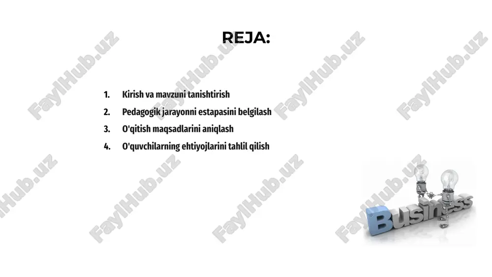 nishga yordam beradi. ehtiyojlarni tahlil qilish natijasida ma’lumotlar to‘planadi, bu esa ta'lim metodlarini va mazmunini moslashtirish uchun asos bo‘lib xizmat qiladi. shu tarzda, ehtiyojlarni tahlil qilish pedagogik jarayonning samaraliroq bo‘lishiga va o‘quvchilarning o‘sishiga to‘g‘ridan-to‘g‘ri ta'sir qiladi. o'qitish metodlarini tanlash 01. pedagogik jarayon bosqichlarida o'qitish metodlarini tanlash muhim bosqich bo'lib, yoshlar va mavzuga mos keladigan yondashuvlarni aniqlash kerak. bu ta'lim samaradorligini oshiradi. o'qitishni samarali tashkil etish uchun o'qitish metodlarining xilma-xilligini hisobga olgan holda, o'quvchilarning ehtiyojlariga mos keladigan usullar tanlanadi. bu faollikni ta'minlaydi. metodlarni tanlashda pedagogik maqsadlar va o'quvchilarning individual xususiyatlari muhim ahamiyatga ega bo'lib, o'rganish jarayonini mukammallashtiradi va qiziqishni mustahkamlaydi. 02. 03. o'qitish materiallarini tayyorlash o'qitish materiallarini tayyorlash pedagogik jarayonning muhim bosqichidir. bu davrda mavzu, maqsad va metodlar aniqlanadi, tayyorlov ishlari amalga oshiriladi. tayyorgarlik davomida o'qituvchi mos materiallarni tanlaydi, ularni tushunarli tarzda taqdim etadi va o'quvchilarning ehtiyojlariga moslashtiradi. bu jarayon muvaffaqiyat uchun asosiy tarkibdir. o'qitish materiallarini muvaffaqiyatli tayyorlash o'quvchilarning qiziqishi va …