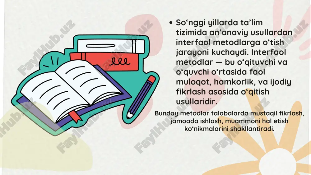i hisoblanadi: talabalarni faol ishtirokchiga aylantiradi, passiv tinglovchi emas. motivatsiyani oshiradi, darsni qiziqarli qiladi. mustaqil fikrlash va ijodkorlikni oshiradi. o‘zaro hurmat va hamkorlik muhitini yaratadi. misol sifatida keltirish mumkinki, ingliz tili darsida “rol o‘ynash” metodidan foydalanilsa, talabalar “airportda suhbat”, “restaurantda buyurtma berish” kabi holatlarni jonlantirib, amaliy muloqotni o‘rganadi. yoki “aqliy hujum”da “ekologik muammolarni hal qilish yo‘llari” mavzusida talabalar o‘z fikrlarini erkin bildiradilar. interfaol metodlar orqali shakllanadigan ko‘nikmalar: tahliliy fikrlash; jamoada ishlash; qaror qabul qilish; muloqot madaniyati; muammoli vaziyatlarni hal qilish; ijodiy yondashuv. interfaol metodlardan foydalanish o‘quvchi shaxsini markazga qo‘yadi, o‘qituvchining roli esa yo‘naltiruvchi va tashkil etuvchi sifatida namoyon bo‘ladi. mezon nomi tavsif 1 natijaviylik o‘quvchilarning bilim va ko‘nikmalari o‘sishi 2 faollik darajasi o‘quvchilarning darsdagi ishtirok darajasi 3 mustaqillik mustaqil fikrlash va qaror qabul qilish qobiliyati 4 ijodkorlik yangi g‘oyalarni ilgari surish, yangilik kiritish salohiyati 5 qoniqish o‘quvchi va o‘qituvchining darsdan olgan ijobiy taassuroti interfaol metodlar samaradorligini aniqlash uchun quyidagi mezonlar …