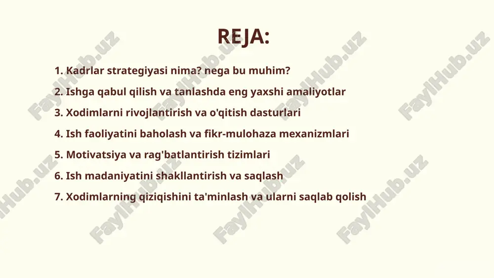 lar yoki bo'limlardagi talab qilinadigan yangi ko'nikmalarga o'rgatish. mentorlik va kouching tajribali xodimlarni yoshlarga biriktirish orqali bilim va ko'nikmalarni uzatish. shaxsiylashtirilgan o'qitish yo'llari har bir xodimning ehtiyojlari va martaba maqsadlariga mos keladigan o'quv dasturlarini yaratish. 5 ish faoliyatini baholash va fikr-mulohaza mexanizmlari samarali baholash tizimi xodimlarning o'sishi va kompaniya maqsadlariga hissa qo'shishini ta'minlaydi. ma'qsad qo'yish doimiy coaching rasmiy baholash mukofot va e'tirof maqsadlarni aniqlash: aniqlik va o'lchovchanlik (smart) tamoyillariga amal qilish. 360-darajali baholash: hamkasblar, menejerlar va mijozlardan mulohazalar yig'ish. rivojlanish rejalari: baholash natijalari asosida shaxsiy rivojlanish rejalarini tuzish. doimiy fikr-mulohaza (feedback) — bu yillik baholashdan ko'ra, xodimlarning rivojlanishi uchun muhimroqdir." 6 motivatsiya va rag'batlantirish tizimlari xodimlarni nafaqat moddiy, balki ma'naviy rag'batlantirish ularning sadoqatini oshiradi. moddiy rag'batlantirish raqobatbardosh ish haqi, mukofotlar va bonuslar orqali xodimlarni qo'llab-quvvatlash. e'tirof etish dasturlari xodimlarning yutuqlarini doimiy va ommaviy ravishda tan olish va rag'batlantirish. qulayliklar va imtiyozlar moslashuvchan ish jadvali, tibbiy sug'urta va sog'lomlashtirish dasturlarini taklif …