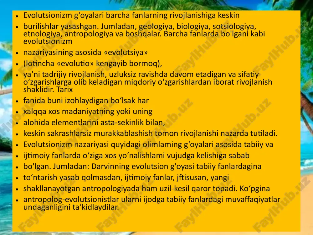 at yoki madaniyatlar tashqi (geografxk muhit, qo‘shni madaniyatlar) va ichki (insonning jismoniy tabiati, irqiy diffeeensatsiya, ruhiy sifatlarining xilma-xilligi) omillari orqali taraqqiyot etadi. u birinchilardan boiib <qoloq» madaniyatlami jfsmoniy, aqliy va axloqiy taraqqiy etmagan xalqlar yaratganligi gipotezasi (farazi)ni ilgari suradi. spenser insoniyat ilk tarix bosqichidan tabiatga asta-sekin moslasha borayotgani ehtimolini aytadi. ushbu ejarayonlar natijasida inson sifatlari takomillashib, jamiyatlarda mujassamlashib, an’analar orqali keyingi avlodlarga o‘tib boradi. insonlar guruhlari yashash sharoitlari, muhitlari ta’sirida, ulaming sifatlari tarfqqiysi ham turlicha boiadi. ammo bu kabi farqlar insondagi takomillashishga boigan tug'ma imkoniyatlar orqali tez vaqtda yo‘qotilishi mumkin. gelbert spenser 1820- 1903 gelbert spenser kitoblari gerbert spenserning eng mashhur kitoblari tarixiy antropologiyada evolutsionizmning shakllanishida amerikalik olim lyuis genri morgan alohida o‘rin tutadi. morgan antropologiyaga o‘ziga zamondosh boigan barcha hamkasblarining umumiy xizmatidan ko‘proq hissa qo‘shgan, desak mubolag‘a boimaydi. unarming deyarli 40 yilida dastlab aqsh hindu qabilalarini, so‘ngra dunyoning boshqa hududlaridagi xalqlami o‘rgandi. lyuis genii morgan lyuis genii morgan tadqiqotlaridan …