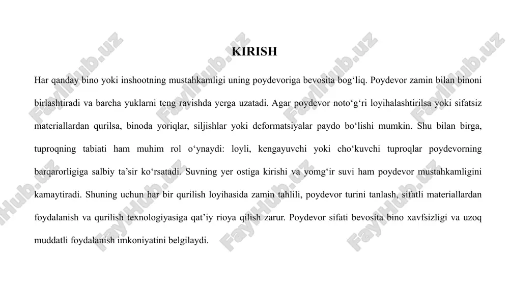 iradi; masalan, kengayuvchi loy yoki cho‘kuvchi tuproqlar poydevorni siljitishi va deformatsiya qilishi mumkin. noto‘g‘ri dizayn ham katta muammo hisoblanadi, bunda poydevor turini yoki o‘lchamlarini binoning yukiga mos tanlamaslik xavf tug‘diradi. qurilishdagi xatolar, masalan, sifatsiz materiallardan foydalanish, betonning noto‘g‘ri aralashmasi yoki texnologiyaga rioya qilmaslik poydevor mustahkamligini kamaytiradi. shu bilan birga, suvning poydevorga kirishi, yomg‘ir va yer osti suvlari eroziya va siljishlarga olib keladi. bu sabablar birgalikda binoda deformatsiya, yoriqlar va ba’zan xavfli holatlarni yuzaga keltiradi, shuning uchun har bir omilni hisobga olish va oldini olish muhimdir. tuproq turlari va ularning poydevorga ta'siri poydevor mustahkamligi va barqarorligi ko‘pincha zaminning tabiati bilan belgilanadi. kengayuvchi loy tuproqdagi namlik o‘zgarishi bilan kengayadi va qisqaradi, bu esa poydevor siljishiga va binoda yoriqlarning paydo bo‘lishiga olib keladi. qumli tuproqlar suvni yaxshi o‘tkazadi, ammo yetarlicha zich bo‘lmasa, poydevor ostidagi siqilishlar tufayli deformatsiya yuzaga keladi. shag‘al va toshli tuproqlar esa nisbatan barqaror, ammo ular ham noto‘g‘ri tekislanmagan yoki zichlashtirilmagan …