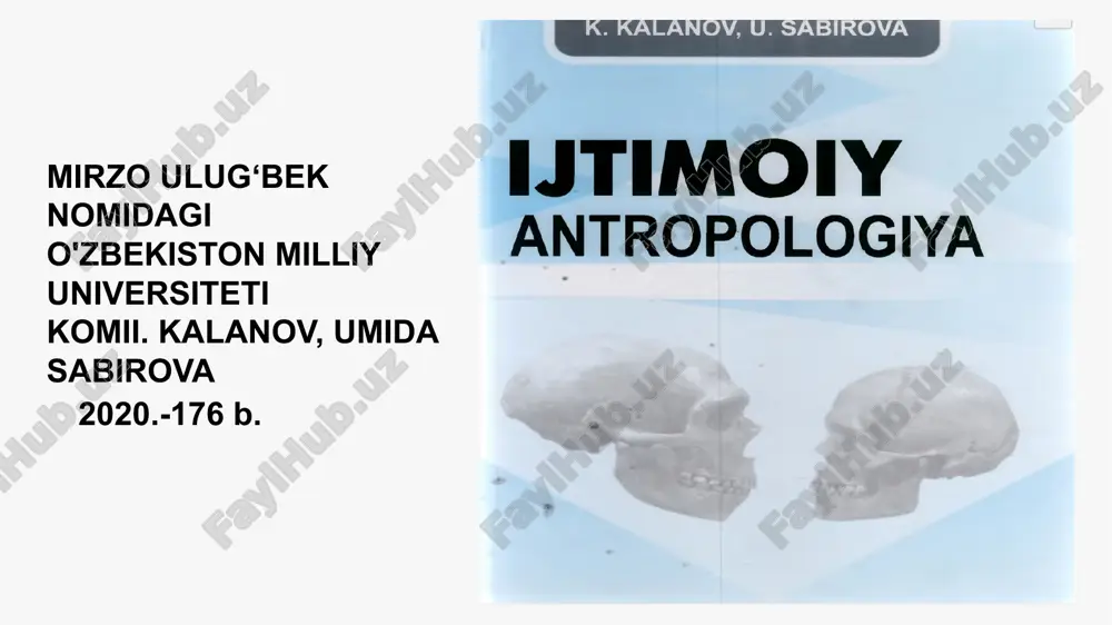 ografiyadan nomzodlik dissertatsiyasi mavzusi berilib, u 1986 yilda yoqlaydi. tarix fakulteti kafedralari soni 14 taga yetgan 80-yillar oxirida “etnografiya” alohida faoliyat olib borib, so‘ng arxeologiya kafedrasiga qo‘shiladi. tabiiy antropologiya va madaniy atropologiya bir-biri bilan o‘zaro bog‘liq. tabiiy antropologiyadagr’ba’zi faktlar ijtimoiy antropologiyadagi jumboqlami yechish uchun yordam beradi. r.piddingtonga ko‘ra: “ijtimoiy antropologiya ibtidoiy jamiyatlardagi madaniyatni o‘rganadi”. ijtimoiy antropologiyaga bunday ta’rif tor doirada tushunishdir. ijtimoiy antropologiya ilm-fanni nima ekanligini «ijtimoiy jihatdan ochib beruvchi fan ham hisoblanadi ijtimoiy antropologiyani asosiy maqsadi - insoniyat jamiyatini, ijtimoiy institutlar va madaniyatlarni o‘rganish va ulaming ildizini topishdan iborat. antropologiyaga ta’rif berilishi: 1. oksford lug‘atlarida: insoniyat jamiyati va uning urfodatlarmi kelib chiqishni tadqiq qittsh; insoniyat evolyutsiyasi va strukturasini tadqiq etish. arxeologik qazishmalar davomida topilgan faktlar va buyumlar bizga insoniyatning madaniy hayoti borasidagi tassavurlarimizni boyitishga yordam beradi. olim kryober 'tarifiga ko‘ra: “antropologiya - insoniyatning yuzaga kelishi va ma’lum bir guruhlaming xulqatvoring asoslari xaqidagi fandir ralf piddington ibtidoiy jamiyatlami quyidagicha tavsiflaydi: …