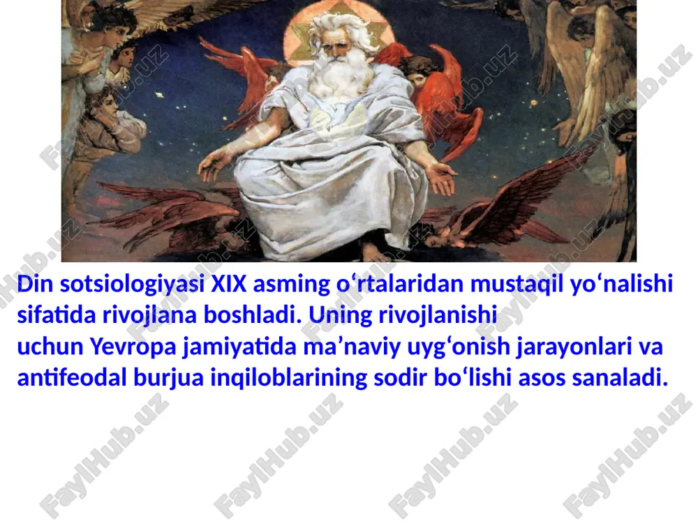 ifalarni bajaradi. g.spensefc (1820-1903) ning fikricha, ijtimoiy evolyutsiyasi jamiyatning sanoatlashgan tipini hamda individualizm va utilitarizm tamoyillarini shakllantiradi. e.dyurkgeym (1858-1917) fransuz faylasufi va sotsiologi boʻlib, o‘zining “diniy hayotning elementar shakllari. avstraliyadagi totemik tizim” nomli (1912) asari orqali din sotsiologiyasiga asos solgan. e.dyurkgeym barcha dinlarga xos bo‘lgan xususiyatlarni aniqlashga harakat qilgan. u sotsial hodisalarni va dinni “sotsial fakt” sifatida o‘rganish orqali ularning vazifalarini aniqlash va ularning strukturasini ochish muhim masala ekanligini ta’kidlagan. dyurkgeym “diniy hayotning elementar shakllari. avstraliyadagi totemik tizim” nomli asarida uchta turli darajadagi va o‘zaro aloqador mavzularni o‘rganib, ularning natijalarini tahlil qilgan: jamiyatning umumiy nazariyasi. unda din integratsiyalovchi omil, “birdamlik” kafolati); - din nazariyasi. unga ko‘ra, din sotsomadaniy fenomen sanaladi; - totemizm nazariyasi. totemizmga aloqador bilimlar majmui. k. marfa (1818-1883). germaniyada xix o‘rtalari va xx asr boshlarida siyosiy manffatlar va sotsial konflikt nazariyasi nuqtai nazaridan din mafkuraviy komponent sifatida qabul qilingan. din yuraksiz (shafqatsiz) olamning yuragi sanaladi”. marksning din borasidagi …