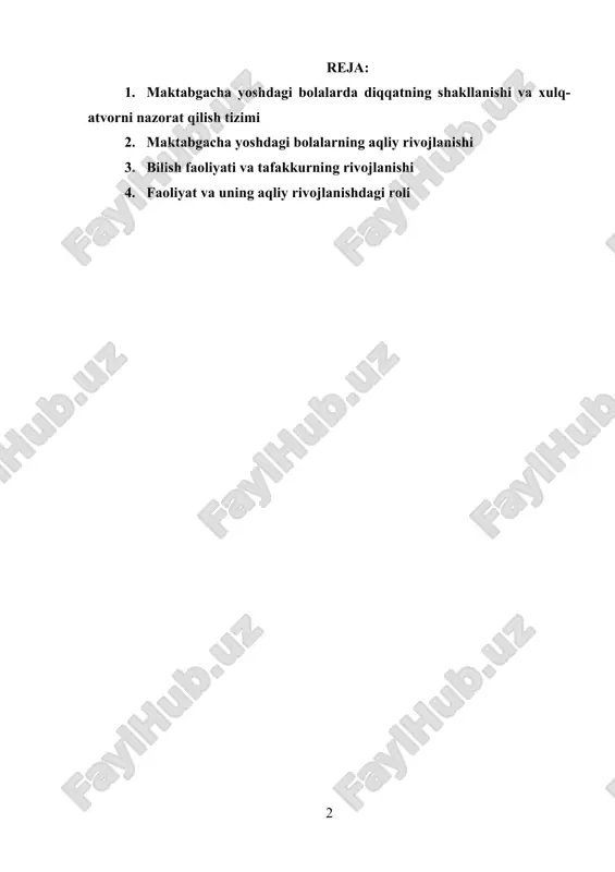 llektual salohiyatini oshirish hamda maktabga samarali tayyorgarlik ko‘rishiga xizmat qiladi. 1. maktabgacha yoshdagi bolalarda diqqatning shakllanishi va xulq-atvorni nazorat qilish tizimi aqliy rivojlanish – tarbiyachilarning bolaning aqliy qobiliyatlari va tafakkurini rivojlantirish, uning aqliy harakatlari va bilim qobiliyatlarini shakllantirishdagi muhim jarayondir. bolaning aqliy tarbiyasi va rivojlanishi uning aqliy rivojlanishidan, bolaning manfaatlarining boyligidan, uning hissiyotlaridan va ruhiy qiyofasini yaratadigan barcha boshqa xususiyatlardan ajratilgan holda ko‘rib chiqilishi mumkin emas. maktabgacha yoshdagi bolalarning aqliy ta’limining maqsadi soddalashtirilgan tarzda tushunilmaydi – bolalarga atrof-muhit haqida iloji boricha ko‘proq bilim berish bilan birga, kognitiv faoliyatning umumiy usullarini (tahlil qilish, taqqoslash, umumlashtirish qobiliyati) rivojlantirish, nutqni shakllantirish va yangi bilimlarni egallash zarurligini tushuntirish juda muhimdir. maktabgacha yoshdagi bolalarning aqliy rivojlanish sur’ati keyingi yosh davrlariga nisbatan juda yuqori. shu sababli, maktabgacha yoshdagi bolalarning aqliy tarbiyasidagi har qanday nuqsonlarni katta yoshda to‘ldirish qiyin bo‘lib, bolaning butun rivojlanishiga salbiy ta’sir ko‘rsatadi. bolalarni maktabga tayyorlashda aqliy tarbiya katta ahamiyatga ega. bilimlar zaxirasini egallash, …