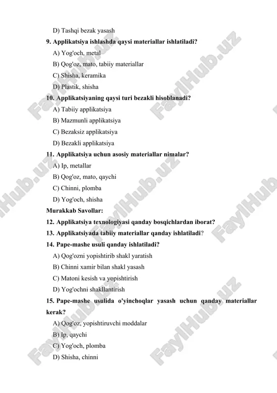 pe-mashe usulida turli buyumlarni yaratish texnologiyasi qanday? 18. chinni xamir bilan ishlash texnologiyasini tushuntiring. 19. kashta san'ati nima? a) to'qish san'ati b) ip bilan tikish san'ati c) qog'ozni kesish san'ati d) yog'ochni shakllantirish san'ati 20. kashta tikishda qaysi iplar ishlatiladi? a) yengil matolar b) to'qimachilik ipi c) plastik iplar d) metal iplar murakkab savollar: 21. kashta tikishda ishlatiladigan chok turlarini sanab o'ting. 22. kashta tikishda naqshlarni yaratishda qanday texnologiyalar qo'llaniladi? javoblari 1.b 2.b 3.b 4.b 5. modulli origami - bu bir nechta kichik qog'oz qismlarini birlashtirib shakl yaratish usulidir. har bir qismini alohida egib, keyin ularni yig'ib bir butun shakl hosil qilinadi. 6. origami o'rgatishda asosiy metodlar amaliy mashg‘ulotlar, bosqichma-bosqich ko‘rsatmalar, va vizual yordamni qo‘llashdan iborat. shuningdek, o‘quvchilarga avval oddiy shakllarni, keyin esa murakkabroq shakllarni yaratishni o‘rgatish kerak. 7. yumshoq o'yinchoqlarni origami usulida yaratish uchun bir necha qog'oz qismlari egilib, tartib bilan birlashtiriladi. qo‘shimcha ravishda yumshoq materiallar qo‘shilishi mumkin, masalan, …
