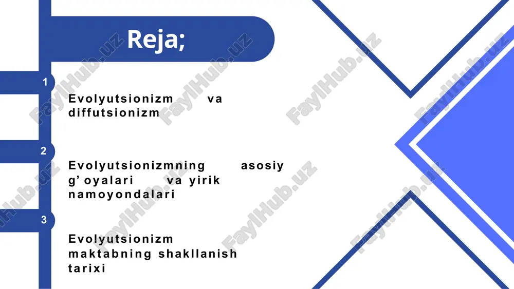 ardan ilhomlanib yaratganliklarin ietirof etadilar. evolyutsionizm tarafdorlari uzlarining asosiy qarashlari vazifalari insoniyat madaniyati rivojlanishida umumiy qonuniyatlarning kashf etilishi va asoslanishida,turli xalqlar madaniyatlarining rivojlanishi deb hisoblaganlar evolyutsionizm tarafdorlari bir vaqtning uzida turli mamlakatlarda paydo bo’lib,evolyutsion yo’nalishning shakllanishi natijasida etnologiya fan sifatida faoliyat ko’rsata boshlagan archeology diffutsionizm. xix asr songi choragiga kelib etnalogiya taraqqiyotida yangi davr boshlandi.agar oldinlari bevosita etnografik kuzatuvlar koproq missionerlar savdogarlar va sayyohlar tomonidan bajarilgan bolsa keyinchalik maxsus tayyorlangan mutaxasislar etnalogiyaga oid amaliy tadqiqotlarni oldindam ishlab chiqilgan dasturlar asosida amalga oshirdilar your logo 06 evolyutsionizmning inkirozi difuzionistik yunalish, mak- tabning shakllanishiga olib kelan. etnologiyadagi diffuzionie tik goyalariga asoslangan maqsadi madaniyat yoki malaniyatning aloxida kurishlarini mavlum bir makonda tarqalish, ularnini kelib chikish xududlarini aniklash va turli xudlar buylab yoy lish yullarini xamda usullarini kayta tiklashni kursatib be rish hisoblangan. your logo 03 "diffuziya" tushunchasi aslida fizikadan olingan. bu ibora “tarqamoq”, “kirish” ma’nolarini bildiradi. etnologiyada diffuziya xalqlarning transchegaraviy almashinuvini anglatadi - …