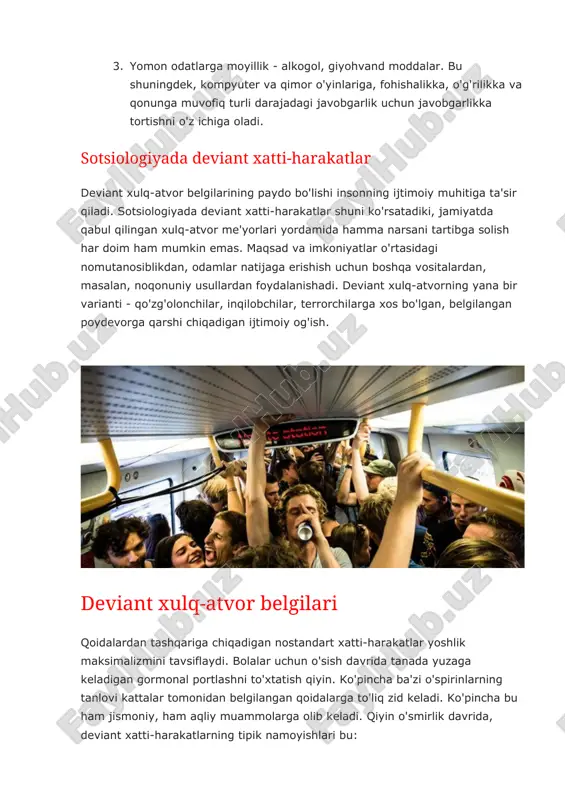 i nomutanosiblikdan, odamlar natijaga erishish uchun boshqa vositalardan, masalan, noqonuniy usullardan foydalanishadi. deviant xulq-atvorning yana bir varianti - qo'zg'olonchilar, inqilobchilar, terrorchilarga xos bo'lgan, belgilangan poydevorga qarshi chiqadigan ijtimoiy og'ish. deviant xulq-atvor belgilari qoidalardan tashqariga chiqadigan nostandart xatti-harakatlar yoshlik maksimalizmini tavsiflaydi. bolalar uchun o'sish davrida tanada yuzaga keladigan gormonal portlashni to'xtatish qiyin. ko'pincha ba'zi o'spirinlarning tanlovi kattalar tomonidan belgilangan qoidalarga to'liq zid keladi. ko'pincha bu ham jismoniy, ham aqliy muammolarga olib keladi. qiyin o'smirlik davrida, deviant xatti-harakatlarning tipik namoyishlari bu: 1. voyaga etganlarni hukm qiling. 2. o'smirni va uning atrofidagi odamlarni zararlang. 3. do'stlaringiz va oilangiz bilan tez-tez mojarolarga sabab bo'ling. 4. maktabdagi ish faoliyatini kamaytirishga yordam bering. 5. ular fobiya va turli xil qo'rquvlarni rivojlantirishi mumkin. 6. o'zingizga bo'lgan ishonchni pasaytiring va komplekslarga sabab bo'ling. deviant xulqning sabablari deviant harakatlarning namoyon bo'lishiga yordam beradigan turtki nima ekanligini tushunish kerak. ota-onalar va bolalar o'rtasidagi munosabatlardagi muammolar deviant xatti-harakatlarning sababiga aylanadi. shunga …