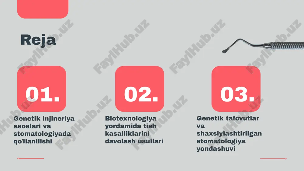stomatologiyada biotexnologiyaning o‘rni haqida ma'lumot. tish kasalliklarini davolash usullari photo by nate johnston on unsplash genetik tafovutlar va stomatologiya genetik tafovutlar shaxsiy genetik kodlar va irsiy xususiyatlar bilan bogʻliq bo‘lib, tish va og‘iz bo‘shlig‘ining salomatligiga ta'sir qiladi. bu tafovutlar shakli, rang va mustahkamlikni belgilaydi. shaxsiylashtirilgan stomatologiya genetik ma'lumotlarni hisobga olib, har bir bemor uchun individual davolash rejalarini ishlab chiqadi. bu davolash samaradorligini oshiradi. genetik tafovutlarning ahamiyati individual yondashuvlar shaxsiylashtirilgan stomatologiya yondashuvi shaxsiylashtirilgan stomatologiya, genetik ma'lumotlar asosida, bemorning individual ehtiyojlariga moslashtirilgan davolash usullarini taqdim etadi. bu yondashuv, genetik tahlil va biotexnologiyalar yordamida, tish kasalliklarining oldini olish va samarali davolash imkonini yaratadi. genetik injiniring bu jarayonlarda muhim rol o'ynaydi. photo by getty images on unsplash xulosa genetik injineriya va biotexnologiyaning stomatologiyadagi imkoniyatlari kengaymoqda. yangi texnologiyalar, masalan, gen terapiya va regenerativ biomateriallar, individual genetik profillar asosida shaxsiylashtirilgan davolash imkonini beradi. kelajakda bu yondashuvlar keng qoʻllanilib, ilmiy tadqiqotlar va malakali mutaxassislar muhim rol oʻynaydi. …