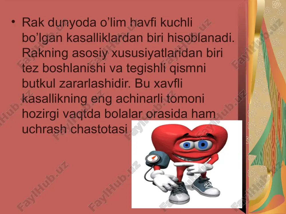 holi soni bo’yicha 70-74 yosh oralig’i tashkil etadi: erkaklarning 18,25 va ayollarning 16,3% qismi tog’ri keladi. 2016-yil 9-fevraldan “bolalar raki” termini alohida kiritilgan. unga binonan 0 yoshdan 15 yoshgacha qayd etilgan rak bolalar raki deb ataladi. lekin ularning umumiy foizlari dunyo miqyosida unchalik ko’p emas masalan barcha o’sma kasalliklarining 0,5- 4,6%ini bolalar raki tashkil etadi. umumiy ko’rsatkichlarga binoan jahon miqyosida bolalar raki ko’rsatkichi 50dan 200mln bollar kasallanganligini ko’rsatadi. ayollarda uchrashi bo’yicha : sut bezi raki 20,4%. teri raki 14,7%. oshqozon raki 5,8%. bachadon tanasi raki 7,4%. bachadon bo’yni raki 5,3%. tuxumdon raki 4,6%. traxey ,bronx va o’pka raki 3,8%. limfa va qon yaratuvchi to’qima raki 4,4%. to’g’ri ichak raki 4,7%. xavfli sifatli o’smalar aniqlanishi bo’yicha rossiyada erkaklar bo’yicha: traxeya ,bronx,o’pka 18,9%, prostata bezi raki 11,9%. teri raki 10,1%. oshqozon raki 9,1%. chambar ichak raki 5,8%. siydik pufagi raki 4,5%. xiqildoq tamaki istemol qilish alohida etiborga molik faktor hisoblanadi rak kasalliklari …