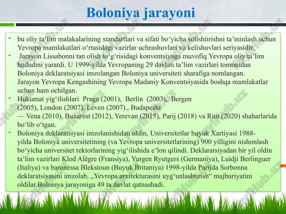 ya va gertsegovina, shimoliy makedoniya, rossiya, serbiya, vatikan 2005-yil: armaniston, ozarbayjon, gruziya, moldova va ukraina 2007-yil may: chernogoriya 2010-yil: qozogʻiston 2015-yil may: belarusiya birinchi bosqichda boloniya jarayoni o‘nta asosiy yo‘nalishlardan iborat edi. keyinchalik mazkur yo‘nalishlar rivojlantirib borildi. bugungi kunda boloniya jarayonining asosiy vositalari quyidagilardan iborat: • darajalarning konvergent tizimi: uzluksiz ta’lim uchun yevropa ittifoqining malakalar ramkasidagi oliy ta’lim malakasiga mos keluvchi ehea malakalar ramkasiga kiritilgan bakalavriat, magistratura va doktorantura kabi uch ta’limiy davr. yerevanda o‘tkazilgan oxirgi konferensiyada ta’lim vazirlari qisqa muddatli darajalarni ham tan olishga kelishib olishgan. • qo‘shma kreditlar tizimi – kreditlar o‘tkazishning yevropacha tizimi (ects) yoki moslashtirish tizimi. • talaba va xodimlarning mobilligi. • oliy ta’lim tizimi va oliy ta’lim muassasalarini internatsionallashtirish, ehea ning xalqaro mavqeini mustahkamlash. • sifat ta’minotining yevropacha o‘lchovi – yevropa hududida oliy ta’lim sifati ta’minoti asosiy tamoyil va standartlar asosida amalga oshirish. • uzluksiz ta’lim va imkoniyat hamda ishtirokni kengayishini ta’minlovchi ijtimoiy omil. • …