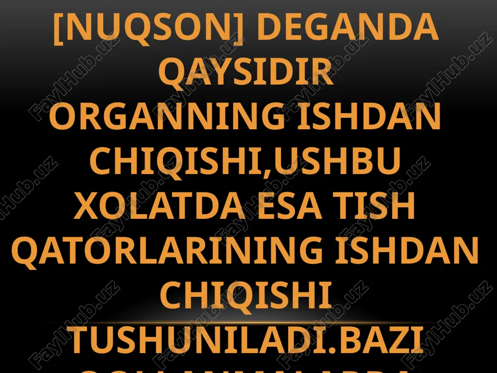hlar ortida joylashgan ikki tomonlama tishsiz soxalar. 2-sinf-qolgan tabiy tishlar ortida joylashgan bir tomonlama tishsiz soxalar 3-sinf –bir tomonlama yon tomonda chegarangan nuqson 4-sinf-qolgan tabiy tishlar oldida joylashgan yagona,lekin ikki tomonlama (o`rta chiziqni kesib otadi ) adentiya soxasi kennedy tasnifining asosiy afzalligi shundaki,u sodda va mantiqdan to`g`ri,chunki nuqson to`g`ri va unga mos protez konstruksiyasi xaqida darxol tasavurga ega bo`lish mumkin applegate (1954) kennedi tasnifini to`ldirib,uning ko`llanishiga 8-ta qoida kirtdi. 1-nuqson sinifini aniqlash tish olishdan oldin amalga oshirilishi mumkin emas,chunki bu birlamchi aniqlangan nuqson sinifini o`zgarishiga olib keladi. 2-agar,ko`yilishi kerak bo`lmagan uchinchi malyar bo`lmasa,u tasnifda inobatga olinmaydi 3-agar,tayanch tish sifadida foydaniladigan uchinchi malyar bolsa,u tasnifda inobatga olinadi 4-agar,qoyilishi kerak bolmagan ikkinchi malyar bolmasa,utasnifda inobatga olinmaydi 5-nuqson sinfi jagning tishlarsiz qismini joylashishiga qarab belgilanadi 6-ko`shimcha nuqsonlar (asosiy sinfni xisobga olmaganda) sinfchalar sifatida qabul qilinadi va ularning soni bilan belgilanadi 7-qoshimcha nuqsonlarning davomiyligi xisbgaolinmaydi.faqat ularning sinfchasi raqami belgilovchi soni inobatga olinadi 8-4 sinfda …