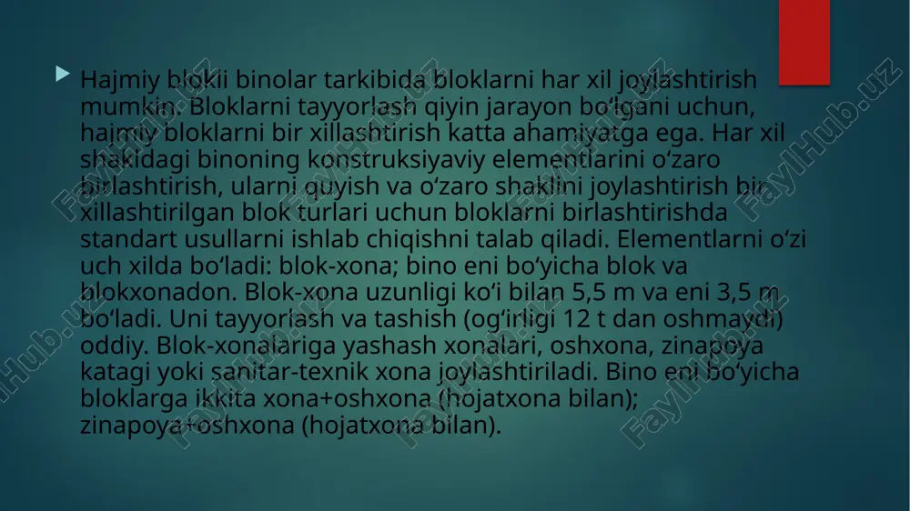 ar orasidagi bo‘shliq qalinligi 50 mm (og‘ir beton) va 60 mm (yengil beton) bo‘ladi. qalpoq-temirbetondan tayyorlangani hajmiy blokli konstruksiyani eng ko‘p tarqalgani hisoblanadi (3-rasm, b). qalpoq qoliplash mashinasi uchun eng ratsional shakl bo‘ladi. u quyma besh devori, to‘g‘riburchakli qobiq ko‘rinishida tasavvur qilinadi. gorizontal yuk ko‘taruvchi element - orayopma plitani qobirg‘asimon pol paneliga o‘rnatish yo‘li bilan o‘ralgan blok hosil bo‘ladi. blok devorlari chiziqli yoki aniq tayangan bo‘lishi kerak. qalpoq chiziqli tayanganda qorishmali chokka qo‘yiladi. bu holda devor nomarkaziy siqilishga ishlaydi. yuklar yig‘ish (montaj) shartli aniqligi 1 sm ekssentrisitet orqali uzatiladi. uzun devorlarda bikrlikni oshirish uchun, qalinliklar quyiladi. shuningdek, radius yoki qiya ko‘rinishda burchaklar qalinlashtiriladi. shift blokka bir butun holda bog‘lanadi. u tekis yoki qobirgasimon bo‘lishi mumkin. u tekis yoki qobirgasimon bo‘lishi mumkin. stakan xilidagi blok (3-rasm, g) - tepasi ochiq besh devorli qo‘yilgan qalpoqdir. uni tubida shift plitasi yo‘q plita bilan tayyorlanadi. tubidagi plitani yechimi qobirg‘asimon (qobirg‘a pol qalinligiga yashiringan). bunday …