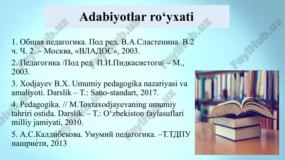 ’limning mazmuni, o‘qitish qonuniyatlari, o‘qitish tamoyillari, metodlari, uning tashkiliy shakllari yoritiladi. yan amos komenskiy (1592-1670) pedagog – olimlar yillar davomida ta’lim tizimida nega o‘qitamiz? nimani o‘qitamiz? qanday o‘qitamiz? qaerda o‘qitamiz? kabi savollarga javob izladilar. didaktika “nimaga o‘qitish?”, “nimani o‘qitish?”, “qaerda o‘qitish?”, “qanday o‘qitish?” kabi savollarga javob beradi. ushbu holatga asosan 1990 yillarning o‘rtalarida ta’lim sohasiga oid nazariyalar va ularning asoschilari, o‘sha davr amaliy darslari va o‘qitish tarixi, talqin qilish kabilar bevosita ta’sir ko‘rsatadi. didaktikaning o’sib kelayotgan avlodga ijtimoiy tajribalarni, milliy va umuminsoniy madaniyatni tarkib toptirishga yo‘naltirilgan faoliyatning asosiu turi hisoblangan ta ’lim berishdir. ob’yekti o‘rgatish (o‘qituvchi faoliyati) va o‘rganish (o‘quvchilarning bilish faoliyati), ularning o‘zaro harakati aks etadi. predmeti o‘qitish jarayoni pedagogning o‘rgatuvchilik faoliyatini va o‘quvchilarning maxsus tashkil etilgan bilish faoliyatini o‘z ichiga oladi. shu o‘rinda bu jarayonlarning tahliliga e’tibor qarataylik. ta’limda o‘qituvchining boshqaruvchilik roli o‘z kasbining ijtimoiy asoslaridan kelib chiqib, ajdodlarining boy tajribasini, insoniyatning asrlar davomidagi bilish, mehnat, muloqot, umumiy …