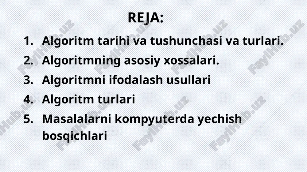 algoritmdagi amallarni bajaradigan obyektni ijrochi deb atash mumkin. har qanday algoritm amallarni belgilab beruvchi qoida bo’lib, uning zanjiri natijasida berilgan qiymatlardan izlangan natija kelib chiqadi. bunday amallar zanjiri algoritmik jarayon, algoritm tarkibidagi umumiy jihatga ega har bir amal esa algoritmning qadami deb ataladi. algoritm deganda, ijrochi uchun qo’yilgan masalani yechishga qaratilgan aniq va tushunarli ko’rsatmalarning chekli ketma-ketligi tushuniladi. misol sifatida «internetdan qiziqarli kitob topish va o‘qish algoritmi»ni ko‘rib chiqamiz: 1) internet qidiruv tizmiga kirish; 2) qiziqarli kitobni qidirib topish; 3) topilgan kitobni yukalab olish; 4) kitobni o‘qish; 5) o‘qigan kitob bo‘yicha xulosa qilish. misol sifatida qaralgan «kitob o’qish algoritmi»da ham inson ko’zlagan maqsadiga erishish uchun ijrochi sifatida algoritmni bajarishi zarur. undagi amallar, boshqacha aytganda ko’rsatma yoki buyruqlar ketma-ketligi biror kishi tomonidan bajarilgachgina, ko’zlangan maqsadga erishiladi. hayotimizda har kuni va har soatda uchrab turadigan turli qoidalar ichida biror zaruriy natijaga erishishga olib keladigan amallarni ketma-ket bajarishni talab etadigan qoidalar informatikaning asosiy …