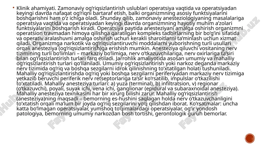 yondosh patologiya, bemorning umumiy narkozdan bosh tortishi, gerontologik guruh bemorlar. kerakli asboblar va materiallar: shprits va uzunligi 100-120 mm, ichki diametri 1,5-2 mm va o‘tkir uchining kesimi 40-45° li burchak ostida bo‘lgan ninalar, anestetik moddalar (novokain, dikain, tetrakain, bupivakin, lidokain, ropivakain, mepivakain, prilokain, etidokain). amaliy ko’nikma bosqichlari mahalliy anesteziyaning asoratlari va xavflari. shifokor tomonidan bajarilayotgan mahalliy anesteziya nisbatan xavfsiz hisoblanadi (1 mln kuzatuvga 1 o‘lim hodisasi). ammo mahalliy anesteziyani bajarishda asoratlarni oldini olish uchun quyidagilarga rioya qilish zarur: 1. vagolitik ta’sirga ega preparatlarni (atropin sulfatning 1% li 0,5–1 ml eritmasini) tayinlash orqali premedikatsiyani olib borish. 2. iloji boricha kuchsiz kontsentratsiyali va uncha ko‘p bo‘lmagan miqdordagi eritmalarni qo‘llash (orqa miya anesteziyasidan tashqari), anesteziyalovchi moddalarning dozasi oshishiga yo‘l qo‘ymaslik kerak. 3. mahalliy anesteziyani bemor yotgan holatida bajarish. 4. operatsiya vaqtida faqat bitta anestetikdan foydalanish, uning qoldiqlarini (to‘liq ishlatilmagan ampulalarni) yo‘q qilish. 5. novokain ishlatilganda anestetik rezorbtsiyasini kamaytiruvchi adrenalinni qo‘shish. 6. yurak mamromi …