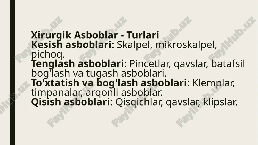 ish. ultrasonik jarrohlik: teri, ichki organlarga zarar bermasdan amalga oshiriladi. robotlashgan xirurgiya da vinci tizimi: robotlar yordamida yuqori aniqlikda jarrohlik amaliyotlarini bajarish. "master" va "slave" tizimlari orqali jarrohni qo'llab-quvvatlash. afzalliklari: yuqori aniqlik, kichik kesishlar, qisqaroq operatsiya va tiklanish vaqti. bemorlar uchun og'riqni kamaytirish va jarrohlik xatoliklarini oldini olish. lazerli jarrohlik texnologiyasi lazerli to'qimalarni kesish: lazerli pichoq yordamida to'qimalarni minimal zarar bilan kesish. yuqori aniqlik va osonlik bilan yuqori sifatli jarrohlikni ta'minlash. lazerli ablatsiya: shikastlangan to'qimalarni olib tashlash. bu jarrohlik usuli teri, ko'z, yurak va boshqalar uchun samarali. lazerli ko'z operatsiyalari: ko'zlar uchun lasik yoki lazerli korektsiya amaliyotlari. bemorlarning ko'rish qobiliyatini tezda tiklash. minimal invaziv jarrohlik laparoskopik jarrohlik: kichik teshiklar yordamida ichki organlarga kirish. eng ko'p qo'llaniladigan minimal invaziv usul. afzalliklari: kamroq og'riq, tez tiklanish, tezroq ishlash va kichik izlar. kamroq infeksiya xavfi va bemorning qaytib tiklanish vaqti qisqaradi. xirurgiyada xavfsizlik va samaradorlik xavfsizlik: asboblar va uskunalarning bemorga xavfsizligini ta'minlash. jarrohlar …