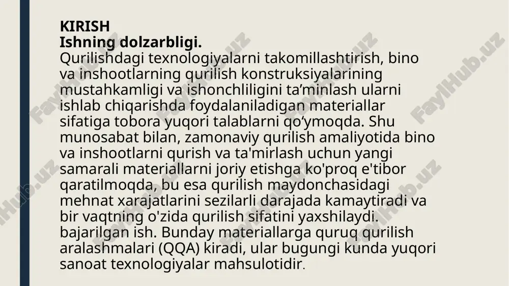 ab chiqarilgan turli xil quruq qurilish aralashmalari asosidagi kompozitlarning biostabilligini o'rganish. 3. turli qurilish materiallarini, quruq qurilish aralashmalarini biohimoya qilish sohasidagi mahalliy va jahon tajribasini tahlil qilish. 4. kiritilgan biotsid qo'shimchasining optimal miqdorini aniqlash va uning sement kompozitlarining tuzilishi va xususiyatlariga ta'sirini o'rganish. tadqiqotning ob’ekti. tadqiqot ob’ekti sifatida sement, gips, na2so4,ventum shpatelovka, ohak, nitrat kislota, sulfat kislota, ammiak mahsulotlari olindi. tadqiqotning predmeti. biologik va kimyoviy noqulay muhitlarga chidamli, shuningdek, fizik-mexanik xossalari yaxshilangan biosidal qo‘shimchalar bilan quruq qurilish kompozitlarini o’rganish. quruq qurilish aralashmalari to‘g‘risida tushunchalar quruq qurilish aralashmalari – bu ko‘p komponentlardan tashkil topgan bo‘lib, ularning tarkiblarida mineral bog‘lovchi va to‘ldirgichdan tashqari, mineral bog‘lovchining qotishi va mustahkamligini boshqarish va aralashma qotgandan keyingi zarur fizik-mexanik xossalarga erishishini ta’minlash maqsadida kimyoviy qo‘shimchalar kompleksi mavjuddir. hozirgi vaqtda quruq qurilish aralashmalari juda xilma-xilligi bilan ajralib turadi. hozirgi vaqtda respublikamizda 40 yaqin kichik va o‘rta biznes tadbirkorlari tomonidan quruq qurilish qorishmalari ishlab chiqarilmoqda. o‘zbekiston quruq qurilish …
