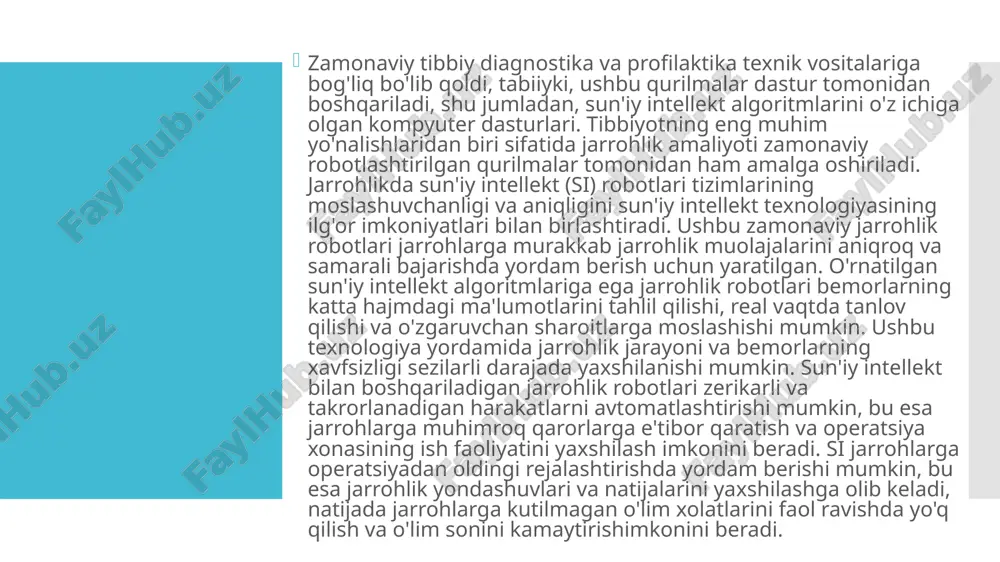 llekt bilan jihozlangan jarrohlik robotlari robot texnologiyalarining aniqligi va aniqligini sun'iy intellekt tizimlarining fikrlash va qaror qabul qilish qobiliyati bilan birlashtiradi . ushbu robotlar jarrohlik usullarini yaxshilashi, xavflarni kamaytirishi va bemorlarning natijalarini yaxshilashi mumkin. sun'iy intellektdan foydalangan holda jarrohlar atrofdagi sog'lom organlar va ularning to'qimalariga kamroq zarar etkazish orqali murakkab muolajalarni yanada chaqqonlik va aniqlik bilan bajarishlari mumkin. inson tanasining muammoli organlari va tizimlarini aks ettiruvchi tasvirlar va yozuvlar kabi real vaqt rejimidagi tibbiy ma'lumotlarni tahlil qilish sun'iy intellekt algoritmlarini jarrohlik robotlarga integratsiya qilish orqali amalga oshiriladi . natijada, organlarning muammoli joylarini olib tashlash yoki muammoli organlar yoki to'qimalarning funktsiyalarini bajaradigan implantlarni kiritish imkon qadar samarali bo'lishi va oqibatlar xavfini kamaytirishi kafolatlanadi. bundan tashqari, sun'iy intellekt tizimlari tendentsiyalarni aniqlash va ehtimolini bashorat qilish uchun bemorlarning ulkan ma'lumotlar to'plamini tahlil qilishi mumkin.kasallik kursi yoki muayyan davolash usullarining samaradorligi . sun'iy intellektga ega jarrohlik robotlari operatsiyadan keyingi parvarishlarga yordam beradi, shuningdek, davolanish …
