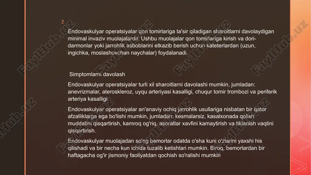 modulli komponentlarning etarli darajada bir-biriga mos kelishini ta'minlaydigan etarli uzunlikda bo'lishi rejalashtirilgan. evar uchun yaroqlilik, shuningdek, tegishli stent-greft ishlab chiqaruvchisining foydalanish bo'yicha yo'riqnomalarida belgilangan muvofiqlik mezonlari bilan belgilanadi. eng qat'iy mezonlardan biri aorta bo'yni atrofidagi bo'lib, aksariyat qurilmalar uchun eng pastdan 15 mm pastroqda parallel bo'lishi kerak. romal arteriya, trombsiz va haddan tashqari burchakka ega bo'lgan bemorlarni davolash orqali stent-greftlardan tashqari bunday anatomik qo'shilish mezonlariga javob bermaslik yomonroq natijalar bilan bog'liq, ammo keng tarqalgan amaliyot ekanligi ma'lum z z z so'nggi o'ttiz yil ichida evar bilan davolanadigan bemorlar soni o'sdi. operatsiya xonasida qurilgan bir qator qurilmalar sifatida boshlangan narsa, bir qator bemorlarni davolashga qodir bo'lgan ommaviy ishlab chiqarilgan "yaxshi" tizimlarga aylandi. nafaqat anatomik muvofiqlik oshdi, balki boshqa qon tomir kasalliklari endi stent-greft yordamida davolanmoqda. murakkab b tipidagi dissektsiyalarni, travmatik aorta kesmalarini va aorto-enterik oqmalarni endovaskulyar davolash mumkin. bemorni ham, kasallikni ham tanlash chegaralarini surish qo'shimcha noaniqliklarni keltirib chiqaradi. so'nggi yillarda …