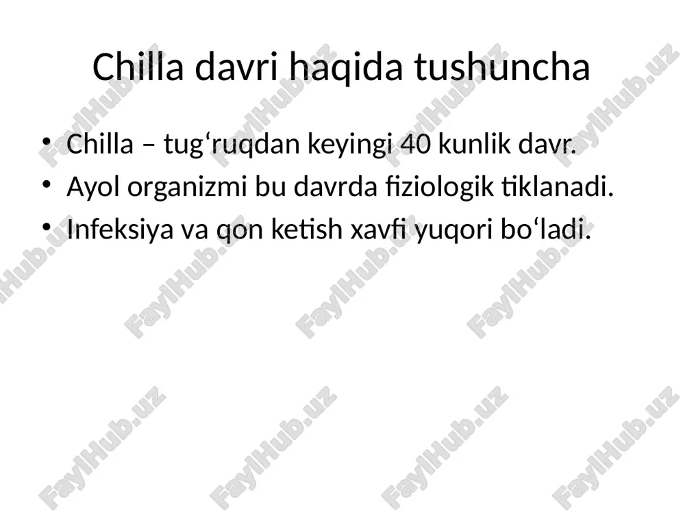 ldini olish • tug‘ruqning uchinchi bosqichini faol olib borish • oksitotsinni 1–3 daqiqa ichida yuborish • yo‘ldoshni nazoratli chiqarish • bachadonni muntazam massaj qilish • risk guruhidagi ayollarni oldindan aniqlash asoratlari • gemorragik shok • anemiya • koagulopatiya • onaning o‘limi xulosa • chilla davridagi qon ketish – onalar o‘limining asosiy sababi. • vaqtida tashxis va shoshilinch yordam muhim. • profilaktika choralariga rioya qilish xavfni kamaytiradi. /docprops/thumbnail.jpeg