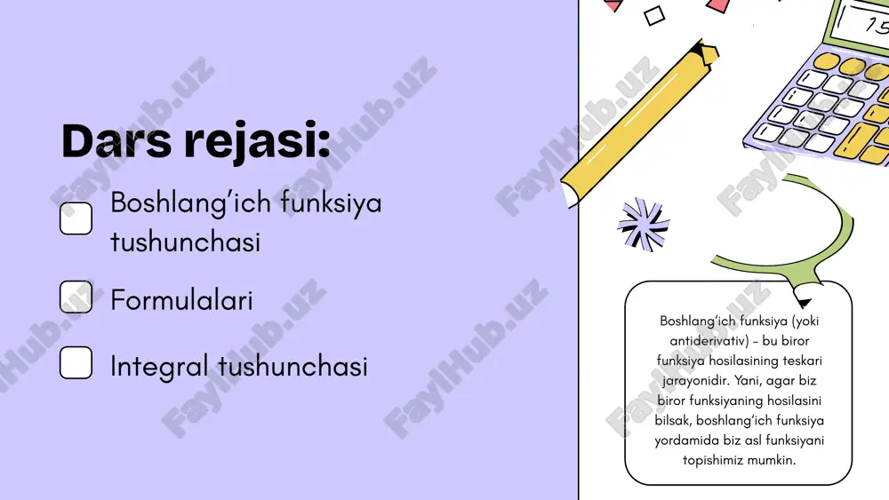 olamiz. misol: agar f(x)=2x bo‘lsa, uning aniq integrali (maydonni hisoblash): ∫2x dx=x^2+c, bu yerda c – konstanta (boshlang‘ich shart). boshlang‘ich funksiya va integral o‘rtasidagi farq: boshlang‘ich funksiya (antiderivativ) – bu funksiyaning hosilasini olishning teskari jarayoni. agar f(x)=2x, unda boshlang‘ich funksiya f(x)=x^2. integral – bu funksiyaning ostidagi maydonni yoki miqdorni hisoblash. masalan, f(x)=2x funksiyasining integrali ∫2x dx= x^2 +c bo‘ladi. qanday bog‘liq? integrallar boshlang‘ich funksiyalarni topishda ishlatiladi. boshlang‘ich funksiya – bu integrallash jarayonining natijasi. ya'ni, integral – bu boshlang‘ich funksiya topish jarayoni. soddalashtirilgan misol: agar biz f(x)=2x bo‘lgan funksiya haqida gapirayotgan bo‘lsak: boshlang‘ich funksiya: biz 2x funksiyasining boshlang’ichini olamiz va bu x^2ga teng bo‘ladi. ya'ni, f(x) = x^2 (boshlang‘ich funksiya). integral: agar biz integralni hisoblasak, ∫2x dx=x^2 + c bo‘ladi. bu maydonni hisoblash yoki funksiyaning yig‘indisini topish deganidir. c esa integralning konstantasi. xulosa: boshlang‘ich funksiya (antiderivativ) — bu funksiyaning hosilasini olishning teskari jarayonidir. integral esa funksiyaning ostidagi maydonni hisoblash, yoki boshlang‘ich …