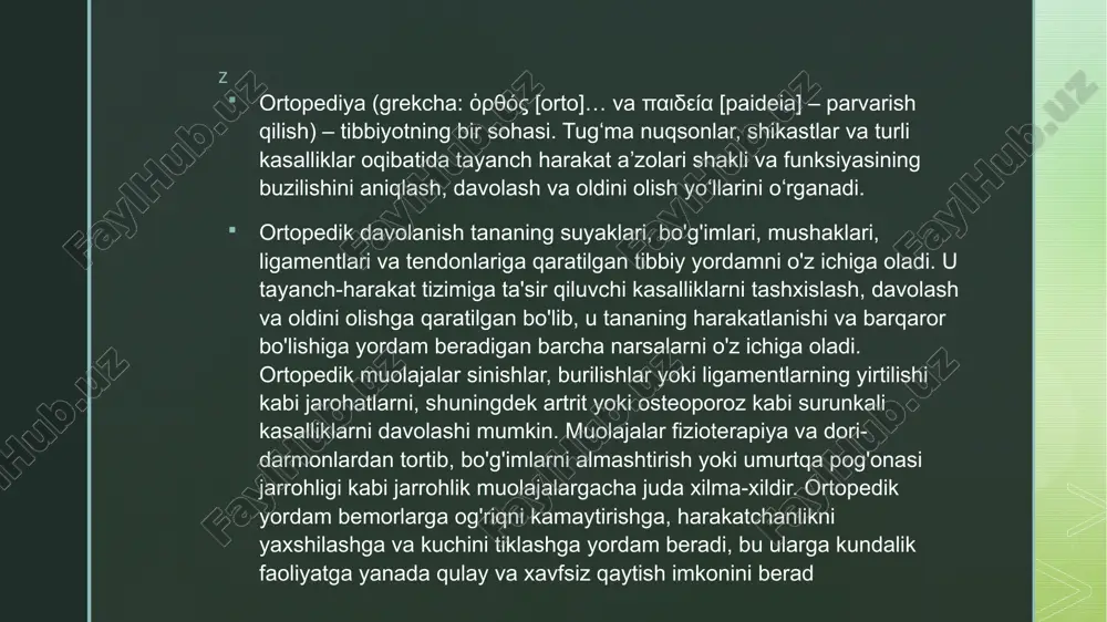 etlar: maxsus mo'ljallangan qavslar va tayanchlar bo'g'inlarni barqarorlashtirish yoki to'g'ri tekislashda yordam beradi, ko'pincha og'riqni engillashtiradi va keyingi jarohatlarning oldini olishga yordam beradi. jarrohlar: kortikosteroid in'ektsiyalari yallig'lanishni kamaytiradi va bo'g'imlardagi og'riqni vaqtincha engillashtiradi, gialuron kislotasi in'ektsiyalari bo'g'imlarni, ayniqsa artroz kabi holatlarda moylaydi. z z z jarrohlik muolajalari: artroskopiya: minimal invaziv protsedura bo'lib, bo'g'imga kichik kamera o'rnatilgan bo'lib, jarrohlarga shikastlangan to'qimalarni kichik asboblar yordamida tiklash imkonini beradi. tiz, elka va bilak muammolari uchun keng tarqalgan. birgalikda almashtirish: og'ir artrit yoki bo'g'imlarning shikastlanishi holatlarida, bo'g'im qismlarini (son yoki tizza kabi) sun'iy materiallar bilan almashtirish harakatchanlikni tiklaydi va og'riqni kamaytiradi. singanni tuzatish: plitalar yoki vintlardek jarrohlik fiksatsiyasi singan suyaklarni davolayotganda joyida ushlab turish uchun ishlatiladi. o'murtqa jarrohlik: herniyali disklar yoki orqa miya stenozi kabi jiddiy bel muammolari uchun jarrohlik og'riqni engillashtirishi va barqarorlikni yaxshilashi mumkin. ortopedik jarrohlik yoki ortopediya - bu tayanch-harakat tizimi bilan bog'liq holatlar bilan bog'liq bo'lgan jarrohlik sohasi. ortoped-jarrohlar mushak-skelet …