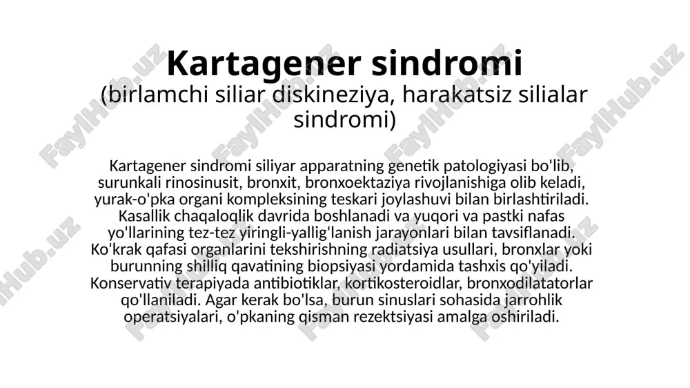 nxron ravishda o'zgarib turadi. embrional davrda embrionning siliyer epiteliyasining noto'g'ri harakati tufayli ichki organlarning aylanishi to'g'ri bajarilmaydi, bu ularning to'liq yoki qisman teskari joylashishiga olib keladi. nafas olish yo'llarining kirpikli epiteliysining sinxron harakatga qodir emasligi nafas olish tizimining drenaj funktsiyasini keskin kamaytiradi. ikkilamchi infektsiya qo'shilganda, yallig'lanish o'choqlari osongina paydo bo'ladi, bronxoektaziya hosil bo'ladi. paranasal sinuslar va yevstaxiy naychasini qoplaydigan epiteliya kipriklarining harakatsizligi yoki g'ayritabiiy tebranishi takroriy sinusit, evstaxit va otit qo'zg'atadi. spermatozoidlarning flagellasining yo'qligi yoki disfunktsiyasi ularning harakatlanishini qiyinlashtiradi va erkaklarda urug'lantirish qobiliyatining pasayishiga sabab bo'ladi. situs inversus, chronic ear infections, sinusitis, bronchiectasis, infertility primary ciliary dyskinesia (kartagener syndrome) simptomlar: hayotning birinchi oylaridan boshlab kartagener sindromi bilan og'rigan bolalarda tez-tez takrorlanadigan burun oqishi va yo'tal epizodlari kuzatiladi, bu esa haroratning febril raqamlargacha ko'tarilishi bilan birga keladi. burundan odatda yiringli oqma keladi. ko'pincha yevstaxit va otitis media belgilari rinit hodisalariga qo'shiladi. bolalar po bosh og'rig'i , quloqlarda og’riq. 2-3 yoshga kelib, …