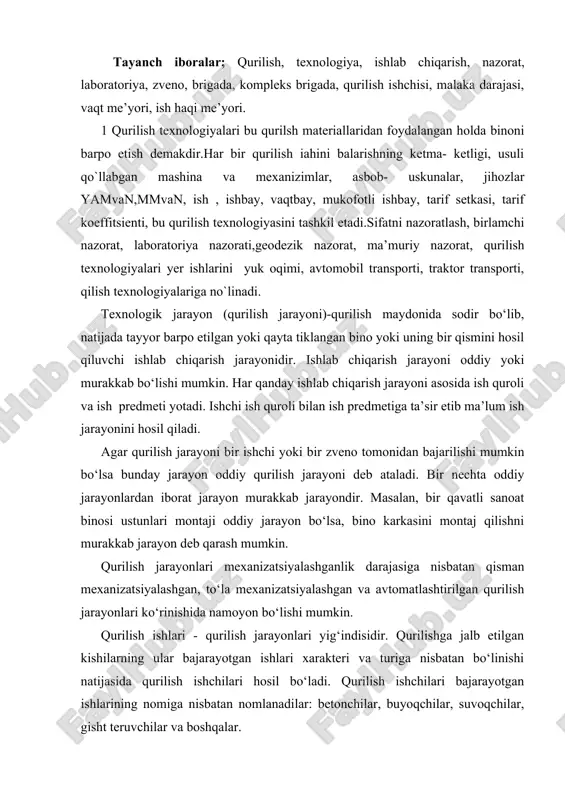 yonlari ko‘rinishida namoyon bo‘lishi mumkin. qurilish ishlari - qurilish jarayonlari yig‘indisidir. qurilishga jalb etilgan kishilarning ular bajarayotgan ishlari xarakteri va turiga nisbatan bo‘linishi natijasida qurilish ishchilari hosil bo‘ladi. qurilish ishchilari bajarayotgan ishlarining nomiga nisbatan nomlanadilar: betonchilar, buyoqchilar, suvoqchilar, gisht teruvchilar va boshqalar. qurilish ishchisi malakasining darajasi (razryad) uning ish qobiliyati va bilimi bo‘yicha aniqlanadi. odatda, ishchiga malaka darajasi berish uchun me’yoriy hujjatiga asosan sinov ishi berilib undan imtixon qabul qilinadi, uning nazariy bilimi ham tekshirilib ko‘riladi. qurilish ishchilari zveno yoki brigadalar ko‘rinishida faoliyat ko‘rsatadilar. zveno - bir yoki bir nechta kasbga ega ishchilar guruhidir. zveno har xil malaka darajasiga ega bo‘lgan ishchilardan iborat bo‘ladi. bunda murakkab jarayonlarni yuqori malaka darajasiga ega bo‘lgan ishchilar, oddiy jarayonlarni past malaka darajasiga ega bo‘lgan ishchilar bajaradilar. brigadalar tarkibida bir nechta zvenolar faoliyat ko‘rsatishlari mumkin. brigadalar mutaxasislashgan, kompleks va yakuniy maxsulot beruvchi brigadalar ko‘rinishida bo‘lishi mumkin. mutaxasislashgan brigada bir kasbga ega bo‘lgan ishchilar guruhi: betonchilar, …