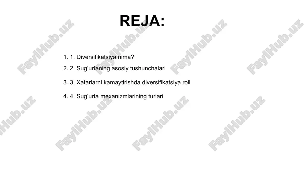 har bir turi o‘ziga xosdir. hayot sug‘urtasi inson hayoti bilan bog‘liq xatarlarni qoplaydi. bu turdagi sug‘urta oila va merosxo‘rlar uchun moliyaviy xavfsizlikni ta'minlaydi. mol-mulk sug‘urtasi ko‘chmas mulk, transport yoki boshqa aktivlarni zarar yoki talafotdan himoya qiladi. bu biznes va shaxsiy aktivlar uchun muhimdir. 01 03 02 5. moliyaviy xavflar va ularni boshqarish moliyaviy xavflar korxona yoki shaxsiy moliya barqarorligiga ta’sir qiluvchi omillardir. ularni aniqlash va baholash xavfni boshqarishda muhim bosqichdir. diversifikatsiya orqali moliyaviy xavflarni kamaytirish mumkin. turli sohalarda investitsiya qilish bilan sarmoyaning umumiy tavakkali pasaytiriladi. sug‘urta moliyaviy xavflardan himoyalanish vositasi bo‘lib, kutilmagan zararlarni qoplash imkonini beradi va moliyaviy barqarorlikni ta’minlaydi. 02 01 03 6. investitsion portfellarni diversifikatsiyalash 01 02 04 investitsion portfellarni diversifikatsiyalash sarmoyalarni turli sohalar, bozorlar va aktiv turlariga taqsimlash orqali xavflarni kamaytirishga yordam beradi. diversifikatsiya orqali investorlar umumiy yo‘qotish ehtimolini pasaytiradi va barqaror daromad olish imkoniyatlarini ko‘paytirishga erishadilar. sug‘urta mexanizmlari investorlarni kutilmagan moliyaviy shoklardan himoya qiladi hamda portfelni …