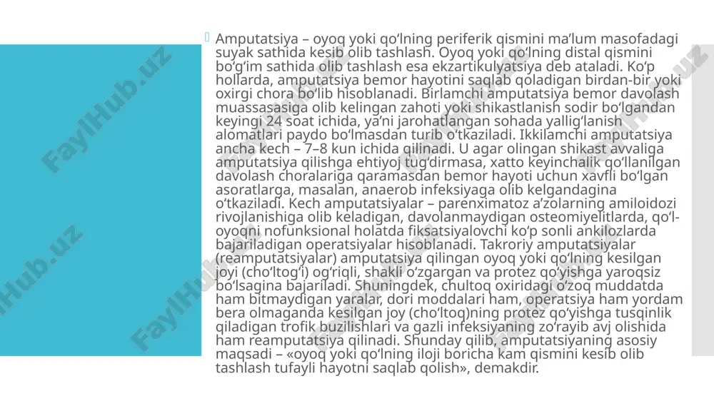 siladi, tipik amputatsiya va suyak-plastik amputatsiya (arralangan suyak cho‘ltog‘i suyak plastinkalari bilan yopiladi). hozirgi kunda yumshoq to‘qimalarni kesish shakllariga ko‘ra, amputatsiyaning quyidagi turlari farqlanadi: 1. sirkulyar (aylanma) usul, bunda kesma chizig‘i oyoq yoki qo‘l o‘qiga nisbatan ko‘ndalang joylashadi. 2. lahtak (parchali) usul, bunda yumshoq to‘qimalar 1–2 ta bo‘lak lahtak shaklida kesiladi. 3. oval yoki ellips shakldagi usul, bunda teridagi kesma oyoq yoki qo‘l o‘qiga nisbatan qiyshiq o‘tkaziladi, bu usul o‘z jihati tomonidan lahtakli usulga juda o‘xshashdir. 4. manjetka usuli. 5. raketka usuli. aylanma amputatsiya vaqtida yumshoq to‘qimalarning bir yoki ikki-uch harakatda kesilishiga binoan, bir bosqichli, ikki va uch bosqichli usullar tafovut qilinadi. bir bosqichli usul shundan iboratki, bunda teri, so‘ngra qisqargan teri qirg‘oqlari bo‘ylab bir sathda muskullar va suyak kesiladi. bunda suyak cho‘ltog‘i faqat teri yoki teri hamda fassiya bilan berkitiladi. ikki bosqichli usulning mohiyati shundaki, bu usul bo‘yicha birinchi bosqichda teri, teri osti kletchatkasi va xususiy fassiya, ikkinchi bosqichda …