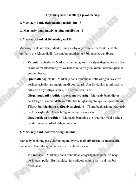 i va valyuta kursini nazorat qilishda yordam beradi. · qimmatli qog‘ozlar – markaziy bank tomonidan sotib olingan davlat va boshqa tashkilotlarning qimmatli qog‘ozlari. ular likvidlikni ta’minlash va pul-kredit siyosatiga ta’sir qilish uchun ishlatiladi. · qisqa muddatli kreditlar (qayta moliyalash) – markaziy bank tijorat banklariga qisqa muddatli kreditlar berib, iqtisodiyotni qo‘llab-quvvatlaydi. · tijorat banklarining majburiy zaxiralari – tijorat banklarining markaziy bankda saqlashlari kerak bo‘lgan majburiy zaxiralar. · qarzdorlik va kreditlar – markaziy bankning o‘z kreditlari yoki boshqa qarzlar asosida tashkil etilgan aktivlar. 2. markaziy bank passivlarining tarkibi: markaziy bankning passivlari uning moliyaviy majburiyatlarini va manbalarini ko‘rsatadi. passivlar quyidagi asosiy qismlardan iborat: · pul massasi – markaziy bank tomonidan chiqarilgan naqd pul va naqd bo‘lmagan pullar. bu mamlakat iqtisodiyoti uchun asosiy pul manbai hisoblanadi. · tijorat banklarining depozitlari – tijorat banklarining markaziy bankda saqlanadigan hisoblari. bu passivlar banklar uchun qisqa muddatli likvidlik manbai bo‘lib xizmat qiladi. · qimmatli qog‘ozlar bozoridagi obligatsiyalar – …