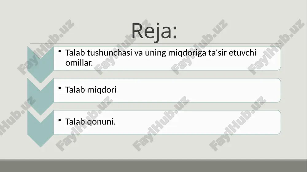 . iste‘molchilarning didi, ya‘ni tovarlar va xizmatlarni sotib olishga yoki olmaslikka moyilligi yoki moyil emasligidir. 2. bozor iste‘molchilarning soni. 3. iste‘molchilarning daromadlari 4. bir-biriga bog’liq tovarlarning narxi 5. kelajakda narx va daromadlarning o’zgarishi ehtimoli. ana shu omillar o’zgarishi talab hajmining o’zgarishiga qanday ta‘sir ko’rsatishga harakat qilamiz: 1. biron-bir tovarga iste‘molchining didida ijobiy o’zgarish ro’y bersa, narxning tegishli darajasida unga bo’lgan talab ortadi va aksincha bo’ladi. 2. bozorda iste‘molchilar soni ko’paysa, talab ortadi, iste‘molchilarning soni kamaysa talab qisqaradi. iste‘molchilar daromadi va ular tomonidan sotib olinadigan tovarlar miqdori o’rtasidagi bog’liqlik nemis iqtisodchisi va statisti ernst engel (1821-1896) tomonidan chuqur tadqiq etilgan. shunga ko’ra, iste‘molchi daromadi bilan u tomonidan sotib olinishi mumkin bo’lgan tovarlar miqdori o’rtasidagi o’zaro bog’liqlik engel qonuni deyiladi. haqiqatan ham, aholi daromadlari o’sib borishi bilan tovarlar ko’proq xarid qilinadi, daromadlar pasaysa (kamaysa) xarid qilish ham pasayadi. foydalanilgan internet sahifalari: https://fayllar.org/reja-talab-tushunchasi-va-uning-miqdoriga-tasir-etuvchi-omilla-v2.html https://www.google.com/search?rlz=1c1gcea_enuz1013uz1013&q=talab+miqdoriga+ta%e2%80%99sir+etuvchi+omillar&sa=x&ved=2ahukewjow9xzzs79ahujdraihzbid-oq7xyoahoecacqaq&biw=1536&bih=775&dpr=1.25 ttps://www.google.com/search?q=talab+miqdoriga+ta’sir+etuvchi+omillar&rlz=1c1gcea_enuz1013uz1013&source=lnms&tbm=isch&sa=x&ved=2ahukewjmvqh3zs79ahxipyskhtenchgq_auoanoecaeqba&biw=1536&bih=775&dpr=1.25#imgrc=ucybjl3hpeu6km image1.jpeg image2.png image3.jpeg image4.png image5.jpeg image6.jpeg image7.jpeg image8.jpeg …