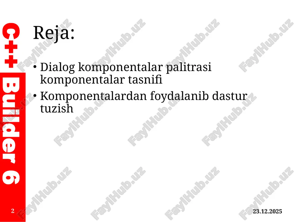 yaratish imkoniyatini beradi. c++ builder 6 dialog komponentalar palitrasi komponentalar tasnifi 06.11.2025 9 colordialog (rang tanlash) - windows rang tanlagichidan rang tanlash uchun muloqot oynasini yaratish uchun mo'ljallangan. olingan raqamli rang parametrini keyinchalik rang xususiyatiga ega bo'lgan har qanday tarkibiy qismga sotish mumkin. c++ builder 6 dialog komponentalar palitrasi komponentalar tasnifi 06.11.2025 10 printdialog (printerni tanlash uchun dialog) - dasturda kompyuterga o'rnatilganlar orasidan bosib chiqarish uskunasini tanlash uchun dialogni tashkil qilish imkonini beradi. bunga qo'shimcha ravishda, ushbu dialog sizga nusxalar sonini belgilash, bosilgan sahifalarni tanlash yoki hajmini belgilash va hokazolarga imkon beradi. c++ builder 6 dialog komponentalar palitrasi komponentalar tasnifi 06.11.2025 11 printersetupdialog (printerni o'rnatish dialogi) - dasturda qog'oz turini, uning yo'nalishini, grafik displey parametrlarini va boshqalarni tanlashni o'z ichiga olgan bosib chiqarish moslamasining parametrlarini sozlash uchun dialog yaratadi. c++ builder 6 dialog komponentalar palitrasi komponentalar tasnifi 06.11.2025 12 finddialog (search dialog) - qidirish parametrlarini sozlash qobiliyati bilan dasturda matn …