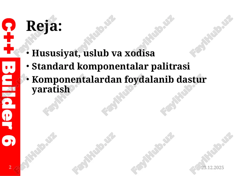 nday boshqaruv ta'kidlanganligini aniqlaydi align ob’yektning holatini belgilaydi. masalan: alnone – o’z xolatida; altop – yuqori chegara bo’ylab; albottom – pastki chegara bo’ylab; alleft – chap chegara bo’ylab; alright – o’ng chegara bo’ylab; alcilent – joylashtirilgan ob’yektning kattaligi bo’yicha. alignment ob’yektning sarlavhasi joylashuvi: taleftjustify – chap tomonga; tarighoustify- o'ng tomonga; tacenter – o'rtaga; 06.11.2025 6 c++ builder 6 hususiyat, uslub va xodisa hususiyat vazifasi anchors formada ob’yektning qanday o’zgarishini bildiradi. masalan: siz akleft, aktop holatlarini tanlasangiz ob’yetning kengligi uning harakatlanishiga qarab o’zgaradi autoscroll agar qiymati true bo’lsa, avtomatik barlar paydo bo’ladi. autosize agar qiymati true bo’lsa, ob’yektning qiymati avtomatik ravishda uning qiymatiga mos keladi. bidimode asosiy hususiyatlarni hisobga olib ob’yektlarning hatti harakatini o’zgartiradi. bdlefttorighf – chapdan o’nga, bdrighttoleft – o’ngdan chapga 06.11.2025 7 c++ builder 6 hususiyat, uslub va xodisa hususiyat vazifasi borderlcons formaning ikonkalarini joylashuvini belgilaydi. borderstyle ob'ektning chegara turi. bu qadriyatlarni oladi: bsnone - ramka yo'q; bssi'ngle - …