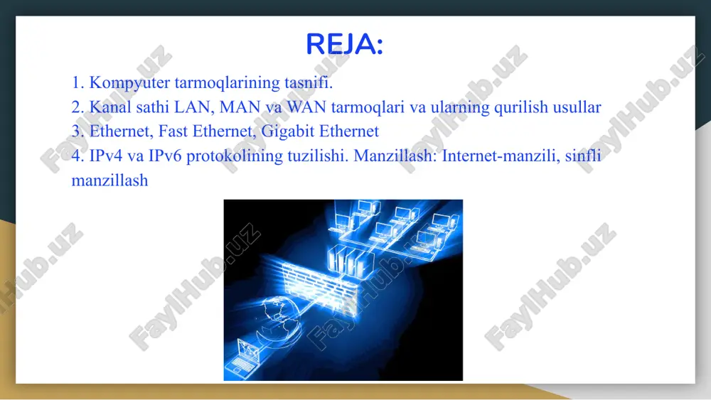 qurilmalar bitta markaziy tugunga (server yoki switch) ulanadi. topologiyasiga ko‘ra 2. shina (bus) topologiyasi – barcha qurilmalar bitta umumiy ma’lumot yo‘liga ulanadi. topologiyasiga ko‘ra 3. halqa (ring) topologiyasi – qurilmalar yopiq halqa shaklida ulanadi. topologiyasiga ko‘ra 4. to‘liq bog‘langan (fully-connected) mesh topologiya – har bir tugun boshqa tugunlarga to‘g‘ridan-to‘g‘ri ulanadi. topologiyasiga ko‘ra 5. gibrid (hybrid) topologiya – yuqoridagi usullarning kombinatsiyasidir. ma’lumot uzatish usuliga ko‘ra simsiz (wireless) tarmoqlar: wi-fi, bluetooth, 4g/5g, sun’iy yo‘ldosh aloqalari orqali ishlaydi. simli (wired) tarmoqlar: optik tolali, mis kabellar orqali axborot almashadi. boshqaruv turiga ko‘ra klient-server (client-server) tarmog‘i: barcha qurilmalar server orqali boshqariladi. peer-to-peer (p2p) tarmog‘i: qurilmalar teng huquqli va ma’lumotlarni to‘g‘ridan-to‘g‘ri almashadi. kompyuter tarmoqlarining ahamiyati axborot almashish – hujjatlar, rasm va videolarni tezkor uzatish. resurslarni birgalikda ishlatish – printer, server va internet aloqalaridan umumiy foydalanish. masofadan boshqarish – server yoki boshqa qurilmalarga uzoqdan ulanish. bulut texnologiyalari – ma’lumotlarni bulutli saqlash va ishlash imkoniyati. fast ethernet, ethernet …