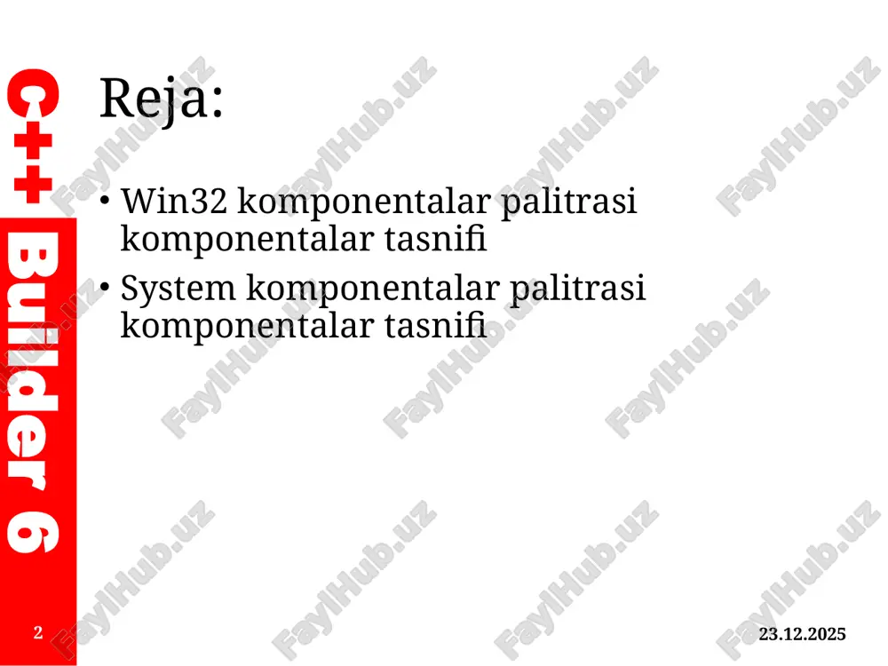 sm hajmini boshqarish, va hakozolar sifatida foydalaniladi. tprogresbar(harakatlanuvchi ko’rsatgich)–dasturda uzoq ko`rsatmalarni bajarish jarayonini ko`rsatish uchun forma bo`yicha to'rtburchaklar ko'rsatkich hosil qiladi. 06.11.2025 7 c++ builder 6 win32 komponentalar palitrasi komponentalar tasnifi tupdown(yuqoriga–pastga) –bu komponentning yuqoriga va pastga tugmalari yordamida qiymatni oshirish yoki kamaytirish qobiliyatiga ega interfeys elementlarini yaratish uchun ishlatiladi. thotkey(maxsus klavishlar) –menyudagi bo'limlarga tezkor kirishni aniqlaydigan foydalanuvchi tezkor klavishlarini yaratish imkoniyatini beradi. 06.11.2025 8 c++ builder 6 win32 komponentalar palitrasi komponentalar tasnifi tanimate(animator) –avi formatida video yozuvlarni o'ynash uchun forma bo'yicha ko'rinmas konteyner hosil qiladi. tdatatimepicker(sana va vaqtni chaqaruvchi) –dasturda sana va vaqtni kiritish uchun interfeys hosil qiladi. tmonthcalendar(oylik taqvim) –oyning barcha kunlarini aks ettirish va oylarni almashtirish va joriy kunni sozlash uchun taqvim shaklida joylashadi. 06.11.2025 9 c++ builder 6 win32 komponentalar palitrasi komponentalar tasnifi ttreeview(daraxt ko'rinishi) –dasturdagi ma'lumotlar ierarxik daraxt ko'rinishini yaratishga imkon beradi. tlistview(ro'yxat ko'rinishida) –har xil uslubda ko'rsatiladigan elementlarning ro'yxatini (katta belgilar, kichik piktogramma, stol, …