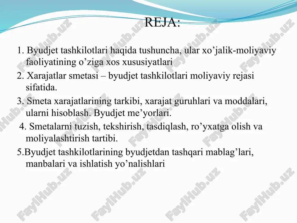 smetalar jamlanma smetalar markazlashgan tadbirlar uchun smetalar byudjetdan tashqari mablag’lar bo’yicha smetalar yakka smetalar yuridik shaxs maqomiga ega bo’lgan alohida olingan muassasa bo’yicha tuziladi. masalan, muayyan hududda (tuman yoki shaharda) joylashgan yuridik shaxs maqomida faoliyat qiluvchi davlat sog’liqni saqlash muassasasi (kasalxona, qishloq vrachlik punkti, ixtisoslashgan dispanser va sh.k.) mustaqil ravishda byudjetdan to’lanishi ko’zda tutilgan o’z xarajatlarini yakka smeta asosida rejalashtiradi. jamlanma smetalar yuridik shaxs maqomiga ega bo’lmagan va tegishli davlat boshqaruv organlari huzuridagi markazlashtirilgan buxgalteriyalar va tegishli hokimiyatlarning buxgalteriyalari tomonidan xizmat ko’rsatilayotgan tashkilotlar bo’yicha tuziladi(masalan, tuman madaniyat bo’limiga qarashli markaziy kutubxonalar tizimi bo’yicha). byudjetdan tashqari mablag’lar bo’yicha smeta – tashkilotlar tomonidan joriy moliya yili uchun tuziladigan va tasdiqlanadigan hujjat bo’lib, unda tashkil bo’lish manbalari va ushbu mablag’larning qonunchilikka muvofiq foydalanish yo’nalishlari ko’rsatilgan holda byudjetdan tashqari daromadlar tushumlarining prognoz hajmlari aks ettiriladi. masalan, oliy va o’rta maxsus, kasb-hunar ta‘limi muassasalarida talabalarni o’qitishning to’lov-kontrakt shaklidan tushgan mablag’lar va ularni ishlatish yo’nalishlari byudjet …