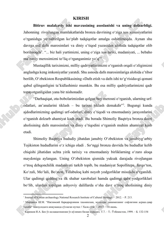 anish dolzarb ahamiyat kasb etadi. bu borada shimoliy baqtriya bronza davri aholisining dafn marosimlari va diniy e’tiqodini o‘rganish muhim ahamiyat kasb etadi. [3: karimov i.a. biz o'z kelajagimizni o'z qo'limiz bilan quramiz. t.7. – t.: o'zbekiston, 1999. – b. 132-154] shimoliy baqtriya hududiy jihatdan janubiy o‘zbekiston va janubiyg‘arbiy tojikiston hududlarini o‘z ichiga oladi . so‘nggi bronza davrida bu hududlar kelib chiqishi jihatidan uchta yirik tarixiy va etnomadaniy birliklarning o‘zaro aloqa maydoniga aylangan. uning o‘zbekiston qismida yuksak darajada rivojlangan o‘troq dehqonchilik madaniyati tarkib topib, bu madaniyat sopollitepa, jarqo‘ton, ko‘zali, mo‘lali, bo‘ston, tillabuloq kabi noyob yodgorliklar misolida o‘rganildi. ular qadimgi qishloq va ilk shahar xarobalari hamda qadimgi qabr yodgorliklari bo‘lib, ulardan topilgan ashyoviy dalillarda o‘sha davr o‘troq aholisining diniy e’tiqodi, dafn marosimlari bilan bog‘liq urf-odatlari aks etgan. shimoliy baqtriyaning tojikiston qismida ko‘proq dasht qabilalari xo‘jalik hayotiga tegishli chorvador urug‘ jamoalarining yodgorliklari o‘rganilgan. ular hisor vohasi, vaxsh daryosining o‘rta oqimi va tairsuv daryosining …
