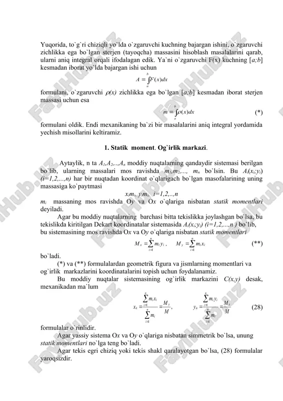 , tekis to`g`rilanuvchi ab yoy (19-rasmga qarang), o`zining x=x(t), y=y(t), t( [0,t] (29) parametrik tenglamalari bilan berilgan bo`lib, parametr s sifatida a nuqtasidan boshlab hisoblangan qaralayotgan c(x;y) nuqtasigacha bo`lgan yoy bo`lagining uzunligi undan tashqari, bu nuqtadagi yoy zichligi ((t) dan iborat deb qabul qilingan bo`lsin. agar ab yoy uzunligini s bilan belgilasak, t( [0;t] bo`lishi ravshandir. [0;t] kesmani (ya`ni ab yoyni) ixtiyoriy tanlangan 0=t0 restart; r>0: > f:=x->sqrt(r^2-x^2); > dif1:=diff(f(x),x); > l:=int(sqrt(1+dif1^2),x=0..r); > mx:=int(f(x)*sqrt(1+dif1^2),x=0..r); warning, unable to determine if -r is between 0 and r; try to use assumptions or set _envallsolutions to true > my:=int(x*sqrt(1+dif1^2),x=0..r); > xc:=my/l; yc:=mx/l; > r:=2:xc;yc; 36-misol. x=a(t–sint), y=a(1–cost)(a>0) sikloida bitta arkining (0(t(2() uzunligini og`irlik markazining koordinanalarini hisoblang (14- rasm). yechish. 1)egri chiziq grafigi: > with(plots): > plot([1*(t-sin(t)), 1*(1-cos(t)), t=0..2*pi]); 2) yoy uzunligini hisoblaymiz: x`=a(1-cost), y`=asint = 3) , 37-misol. qutb koordinatalar tekisligida berilgan (=a(1+cos() kordioida (16-rasm) yoyi bo`lagining og`irlik markazining koordinatalarini hisoblang. yechish: kordioida …
