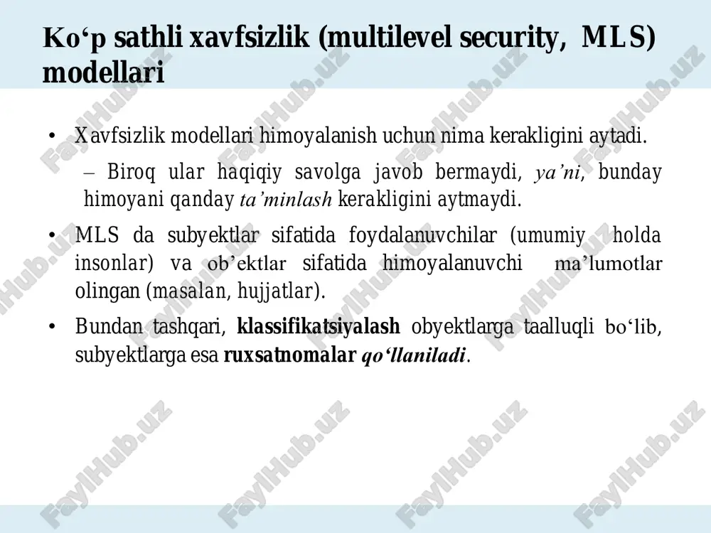 a (blp) modelining asosiy maqsadi har qanday ko‘p satxli xavfsizlik tizimini qanoatlantirishi kerak bo‘lgan konfidentsiallikka nisbatan minimal talablarni to‘plashdir. bell-lapadula modeli • klassik bell-lapadula modeli 1975 yilda miter korporatsiyasi xodimlari devid bell va leonard lapadula tomonidan tavsiflangan va xavfsizlik tizimidan aqsh hukumatining maxfiy hujjatlari bilan ishlash modelini yaratishga undagan. • tizimning mohiyati quyidagicha edi: har bir subyektga (hujjatlar bilan ishlaydigan shaxs) va ob'ektga (hujjatlar) maxfiylik yorlig’i belgilanadi, eng yuqorisi ("alohida ahamiyatga ega") bilan boshlanadi va eng pasti ("tasniflanmagan" yoki "ommaviy") bilan yakunlanadi. • bundan tashqari, faqat past maxfiylik yorlig'i bo'lgan obyektlarga kirishga ruxsat berilgan shaxs maxfiylik yorlig'i yuqori bo'lgan obyektga kira olmaydi. • bundan tashqari, subyektga xavfsizlik darajasi past bo'lgan obyektlarga ma'lumot kiritish taqiqlanadi. bell-lapadula modeli • bella-lapadula modeli himoyalangan ma'lumotlarga kirishni farqlash modelidir. • axborot tizimini tashkil etuvchi barcha elementlar ikki toifaga bo'linadi: 1. subyektlar 2. obyektlar. • har bir subyektga maxfiylik darajasiga mos keladigan kirish darajasi beriladi. xuddi …
