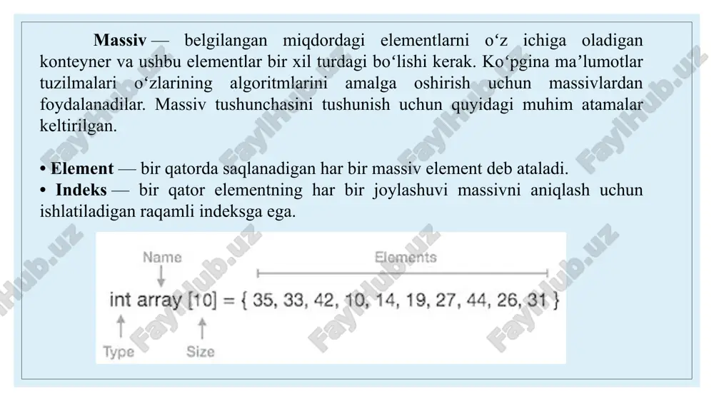 sga ega) yoki sakkizlik (asosi 8-prefiksli) sanoq sistemalar ko‘rsatiladi. – siljuvchi vergulli (float) sonlar – sonning kompyuterda amalga oshiriladigan eksponentsiol yozuvi. xuddi shuningdek, “ikkilangan aniqlikga” ega bo‘lgan son ham mavjud. – satr (string) – simvollar ketma – ketligidan iborat bo‘lib, unda har bir simvol bir bayt o‘lchamdan, toki maksimal uzunlik 216 gacha bo‘lgan joyni egallaydi. yakka qavslarga olingan satrlar literallar sifatida qaraladi, ayni paytda ikkilangan qavslar ichidagi satrlar esa (maxsus belgilar, o‘zgaruvchilarning qiymatlari va shu kabilar) sifatida talqin qilinadi. – bul (boolean) tipi - mantiqiy ifoda bo‘lib, uning qiymati faqat rost (true) yoki yolg‘on (false) dan iborat. – kompleks (complex) tipi – sonning birinchi argument sifatida haqiqiy qism, ikkinchi argument sifatida mavhum qism uzatiladi. – massiv (array) – bir nechta qiymatlarning tartiblashtirilgan xaritasi bo‘lib, undagi kalitlar qiymatlarga mos keladi. kalitlar – bu indeks nomerlari (ular so‘zsiz tushuniladi) yoki aniq ko‘rsatilgan nishonlar. misol – ob’ekt – bu berilganlarning xossalarini saqlovchi va …
