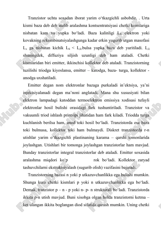 ktronlar xarakati bilan ham boglik. kollektorda esa tok fakat kovaklar xarakati tufayli vujudga keladi. shu sababli emitterning samadorligi ( =ier / ier+ ien orqali aniklanadi. bu yerda ier - kovaklar xarakati tufayli hosil bulgan emitter toki; ien -. elektronlar xarakati tufayli hosil bulgan emitter toki. emitterning bazaga injektsiyalangan (purkalgan) bir kism kovaklar bazadan asosiy zaryad tashuvchilar – elektronlar bilan rekombinatsiyalanadi. baza orqali o‘tib boruvchi kovaklar, baza uchun asosiy bo‘lmagan tok tashuvchi zarrachalar xisoblanadi. kuyidagi ( = ik- ikbt./ ier nisbat bilan aniklanadigan kattalik baza orqali utuvchi asosiy bo‘lmagan zaryad tushuvchilarni utkazish koefftsenti deb yuritiladi.emitterning samaradorligi va utkazish koeffitsiyenti tranzistor katta signal bilan ishlagandagi tok uzatish koefftsenti.h21b. ni belgilaydi. bu koeffitsent h21b= eq \f(ik- ikbt;ier) = -((( da teng. kollektorga kirib keluvchi tok yo‘nalishi musbat yo‘nalishi musbat yunalish deb qabul qilinganligidan «minus» ishora quyiladi. h21b koeffitsiyenti tranzistorning muxim parametrlaridan biri xisoblanib sifatli tayorlangan tranzistorlarda birga yakin bo‘ladi. tranzistorni zanjirga ulash umumiy …