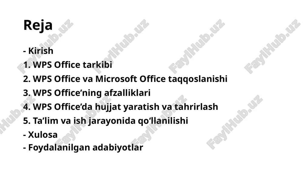 va professional interfeysga ega, wps esa yengil va mobil qurilmalarga moslashtirilgan dizayn bilan ajralib turadi. - platformalararo ishlash: wps office windows, macos, android va ios’da ishlaydi. microsoft office ham keng platformalarni qo‘llab-quvvatlaydi, lekin ba’zi funksiyalar faqat desktop versiyada mavjud. - bulutli xizmatlar: wps office o‘zining wps cloud xizmatini taklif qiladi, microsoft esa onedrive bilan integratsiyalashgan. bu taqqoslashdan ko‘rinadiki, wps office oddiy foydalanuvchilar va ta’lim sohasidagi mutaxassislar uchun qulay, tejamkor va funksional muqobil hisoblanadi. 3. wps office’ning afzalliklari wps office ko‘plab foydalanuvchilar uchun qulay va samarali ofis to‘plami hisoblanadi. uning asosiy afzalliklari quyidagilardan iborat: - bepul foydalanish imkoniyati — ko‘plab funksiyalarni bepul taqdim etadi, bu esa talabalar va kichik tashkilotlar uchun ayni muddao. - yengil va tez ishlovchi interfeys — dastur hajmi kichik, kompyuter va mobil qurilmalarda tez ishlaydi. - ko‘p formatlarni qo‘llab-quvvatlaydi — .docx, .xlsx, .pptx kabi keng tarqalgan formatlar bilan to‘liq mos. - bulutli xizmatlar — wps cloud orqali …
