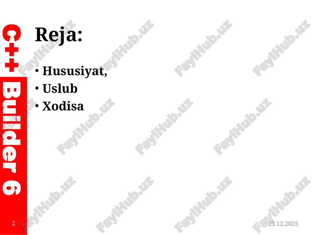 lbottom – pastki chegara bo’ylab; alleft – chap chegara bo’ylab; alright – o’ng chegara bo’ylab; alcilent – joylashtirilgan ob’yektning kattaligi bo’yicha. alignment ob’yektning sarlavhasi joylashuvi: taleftjustify – chap tomonga; tarighoustify- o'ng tomonga; tacenter – o'rtaga; 06.11.2025 6 c++ builder 6 hususiyat, uslub va xodisa hususiyat vazifasi anchors formada ob’yektning qanday o’zgarishini bildiradi. masalan: siz akleft, aktop holatlarini tanlasangiz ob’yetning kengligi uning harakatlanishiga qarab o’zgaradi autoscroll agar qiymati true bo’lsa, avtomatik barlar paydo bo’ladi. autosize agar qiymati true bo’lsa, ob’yektning qiymati avtomatik ravishda uning qiymatiga mos keladi. bidimode asosiy hususiyatlarni hisobga olib ob’yektlarning hatti harakatini o’zgartiradi. bdlefttorighf – chapdan o’nga, bdrighttoleft – o’ngdan chapga 06.11.2025 7 c++ builder 6 hususiyat, uslub va xodisa hususiyat vazifasi borderlcons formaning ikonkalarini joylashuvini belgilaydi. borderstyle ob'ektning chegara turi. bu qadriyatlarni oladi: bsnone - ramka yo'q; bssi'ngle - oddiy ramka; bssizeable - ob'ektni sichqoncha bilan o'lchamoqchi bo'lgan freym; bsdialog - dialog qutilarining uslubida ramkalar; bstoolwindow - …
