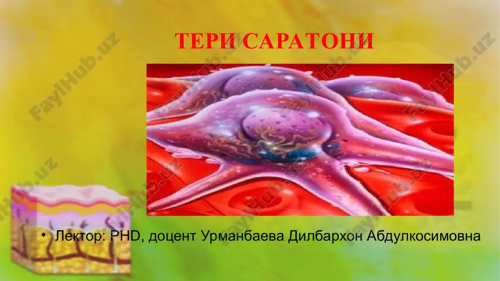 ouena kasalligi (rak in situ) obligatnie predrakovie zabolevaniya 4. pigment kseroderma pigment kseroderma fakultativnie predrakovie zabolevaniya aktinik qarilik keratiti kojniy rog keratoakantoma fakultativnie predrakovie zabolevaniya 1 aktinicheskiy starcheskiy keratit fakultativnie predrakovie zabolevaniya 2. kojniy rog 2. kojniy rog fakultativnie predrakovie zabolevaniya 3. keratoakantoma 3. keratoakantoma rak koji rak koji voznikaet preimushestvenno na otkritix chastyax tela, bolee % opuxoley razvivaetsya na litse. izlyublennimi mestami raspolojeniya opuxoli yavlyaetsya lob, nos, ugli glaz, visochnie oblasti i ushnie rakovini. na tulovishe opuxol voznikaet v – . %. s toy je chastotoy rak koji porajaet konechnosti. klassifikatsiya gistologik klassifikatsiya: bazal xujayrali rak 2. yassi xujayrali rak 3. melanoma. shuningdek teri ortiklari raki xam mavjud. klassifikatsiya tnm klassifikatsiyasi t – birlamchi usma tis - carcinoma in situ t1 – o'sma xajmi 2,0 sm gacha t2 – o'sma xajmi 2- 5,0 sm tz – o'sma xajmi 5,0 sm katta t4 – qo'shni a'zo va strukturlarga o'sib kirgan …