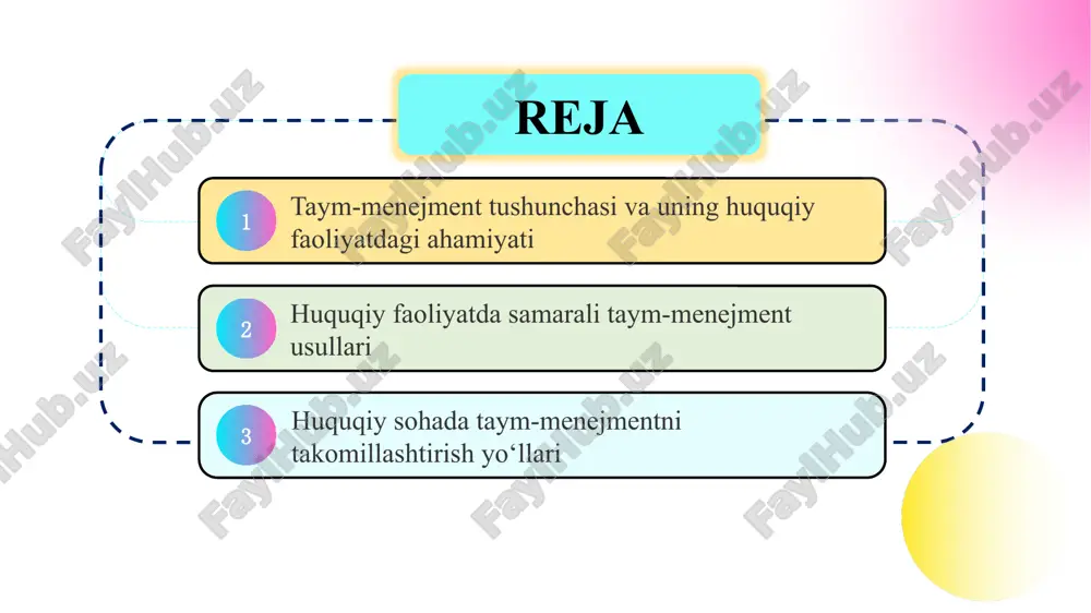 ir huquqshunos o‘z vaqtini samarali tashkil etishi orqali professional obro‘-e’tiborini mustahkamlaydi. vaqtni oqilona taqsimlay oladigan mutaxassis ish jarayonida aniqlik, mas’uliyat va tezkorlikni namoyon etadi. bu esa mijozlar ishonchini oshiradi va ish samaradorligini ko‘paytiradi. shaxsiy tashkiliy madaniyat, intizom va rejalashtirish ko‘nikmalari huquqshunos faoliyatining poydevorini tashkil etadi. mehnat samaradorligi — bu belgilangan maqsadlarga erishish darajasi va unga sarflangan vaqt o‘rtasidagi muvozanatdir. mas’uliyat esa bajarilgan ishning sifatini ta’minlovchi asosiy omildir. kimda mas’uliyat kuchli bo‘lsa, u o‘z vaqtini behuda sarflamaydi, vazifalarni o‘z vaqtida va sifatli bajarishga intiladi. shu bois, taym-menejment mehnat samaradorligini oshirishda shaxsiy mas’uliyat bilan chambarchas bog‘liqdir. 1 ustuvorlikni aniqlash taym-menejmentning eng muhim bosqichidir. har bir huquqshunos o‘z ishlarini ahamiyati va muddatiga qarab toifalarga ajratishi kerak. prioritetlar nazariyasiga ko‘ra, eng muhim va shoshilinch ishlar birinchi o‘rinda bajariladi, kam ahamiyatli ishlar esa keyinga suriladi. bu yondashuv ortiqcha vaqt yo‘qotilishining oldini oladi va mehnat unumdorligini oshiradi. 2 rejalashtirish — vaqtni boshqarishning asosi hisoblanadi. huquqiy faoliyatda …