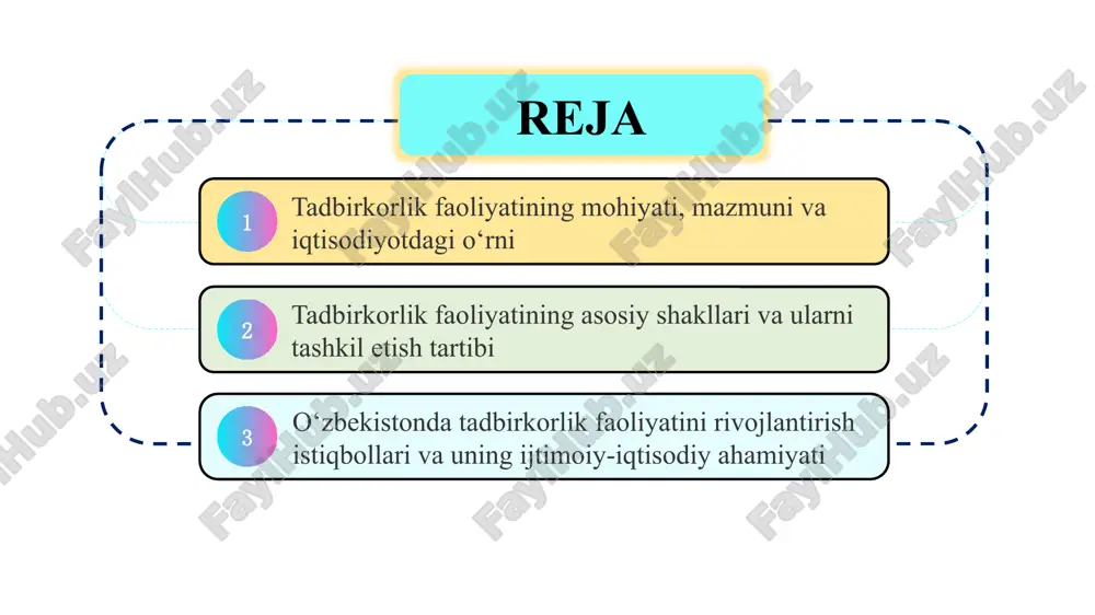 lqin etishgan. hozirgi davrda tadbirkorlik — bu foyda olish, yangi ish o‘rinlari yaratish va iqtisodiy rivojlanishni ta’minlashga qaratilgan tashabbuskor faoliyatdir. tadbirkorlik faoliyatining asosiy belgilari va iqtisodiy mohiyati tadbirkorlik faoliyatining eng muhim belgilari — mustaqillik, tashabbuskorlik, riskni o‘z zimmasiga olish, foyda olishga intilish va mas’uliyatdir. tadbirkor o‘z kapitalini, mehnatini va vaqtini foyda keltiruvchi faoliyatga yo‘naltiradi. bu jarayonda u iqtisodiy resurslardan samarali foydalanishga, bozor ehtiyojlarini o‘rganishga va raqobat sharoitida muvaffaqiyatga erishishga intiladi. tadbirkorlik iqtisodiyotning harakatlantiruvchi kuchi bo‘lib, yangi mahsulot va xizmatlarni yaratish orqali iqtisodiy o‘sishni ta’minlaydi. shuningdek, u jamiyatdagi resurslarni qayta taqsimlash va ishlab chiqarishni modernizatsiya qilishda muhim rol o‘ynaydi. tadbirkorlikning asosiy tamoyillari, funksiyalari va maqsadlari tadbirkorlik faoliyatining asosiy tamoyillari — erkinlik, mas’uliyat, foydalilik, raqobatbardoshlik va qonuniylikdir. uning funksiyalariga tashkiliy, innovatsion, ishlab chiqarish, ijtimoiy va investitsion vazifalar kiradi. tadbirkorlikning bosh maqsadi foyda olish bilan birga, jamiyat ehtiyojlarini qondirish, yangi ish o‘rinlari yaratish va iqtisodiy barqarorlikni mustahkamlashdir. tadbirkorlar o‘z g‘oyalarini amalga oshirish orqali …